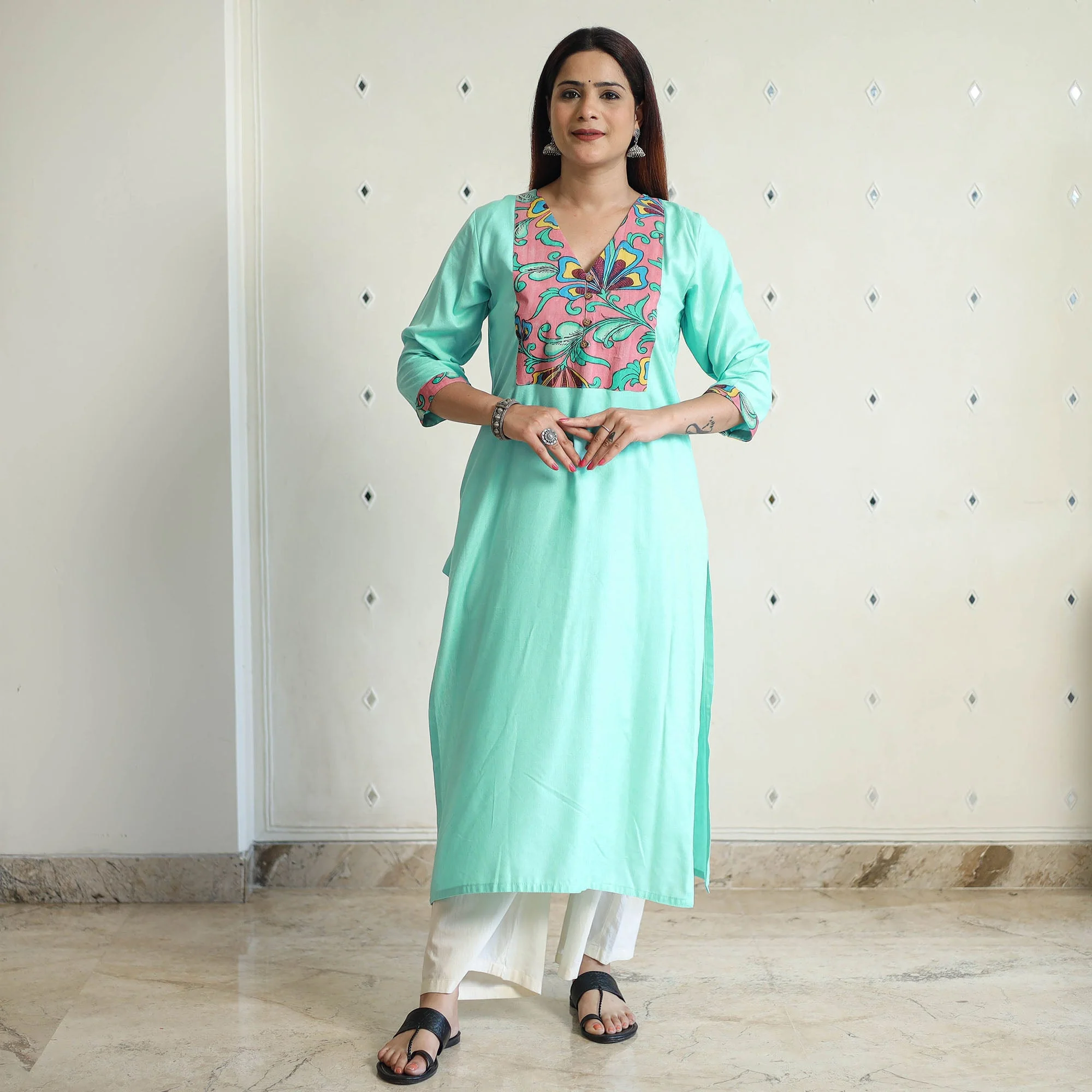 Blue - Srikalahasti Kalamkari Patchwork Plain Linen Cotton Long Straight Kurta 22 - Image 3
