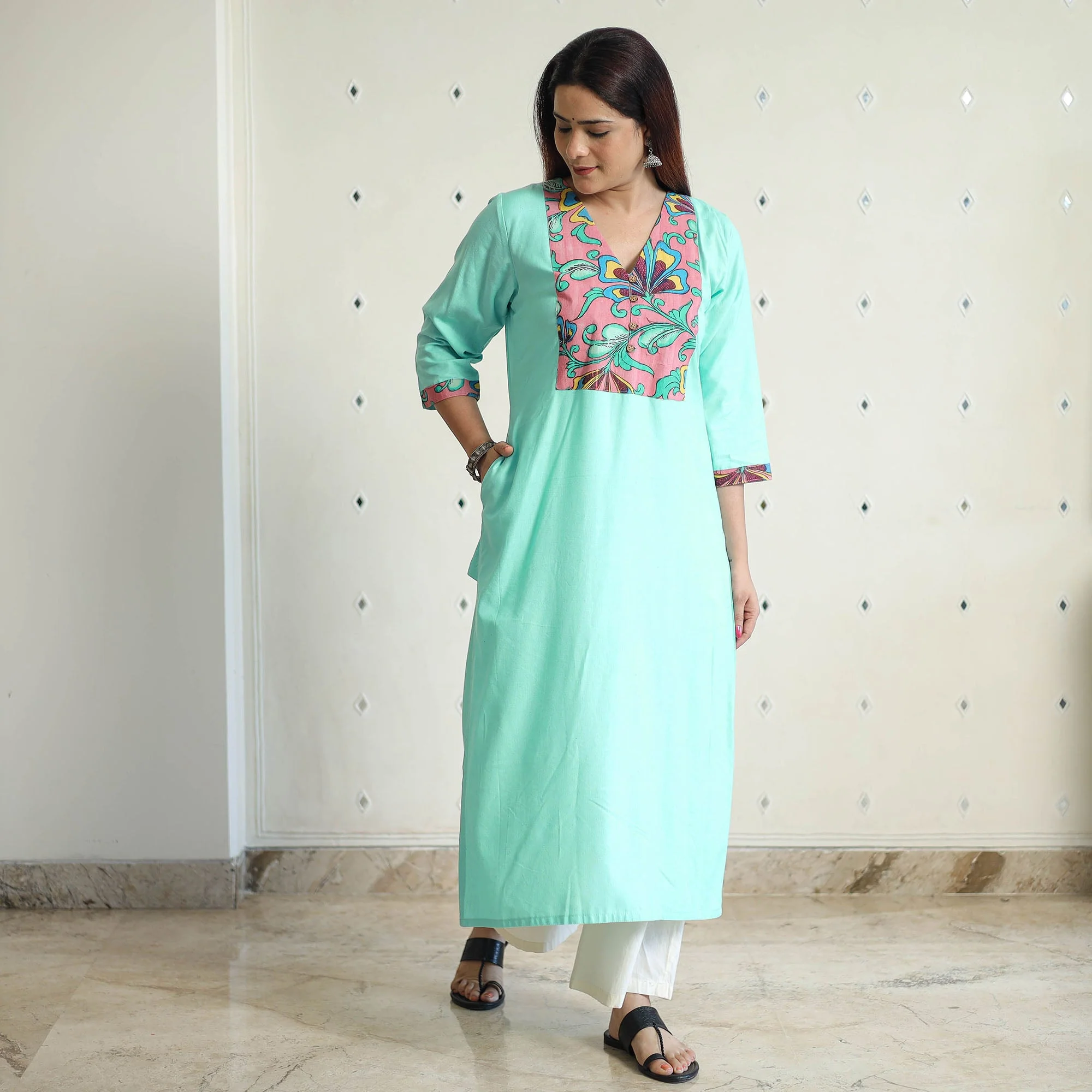 Blue - Srikalahasti Kalamkari Patchwork Plain Linen Cotton Long Straight Kurta 22 - Image 7