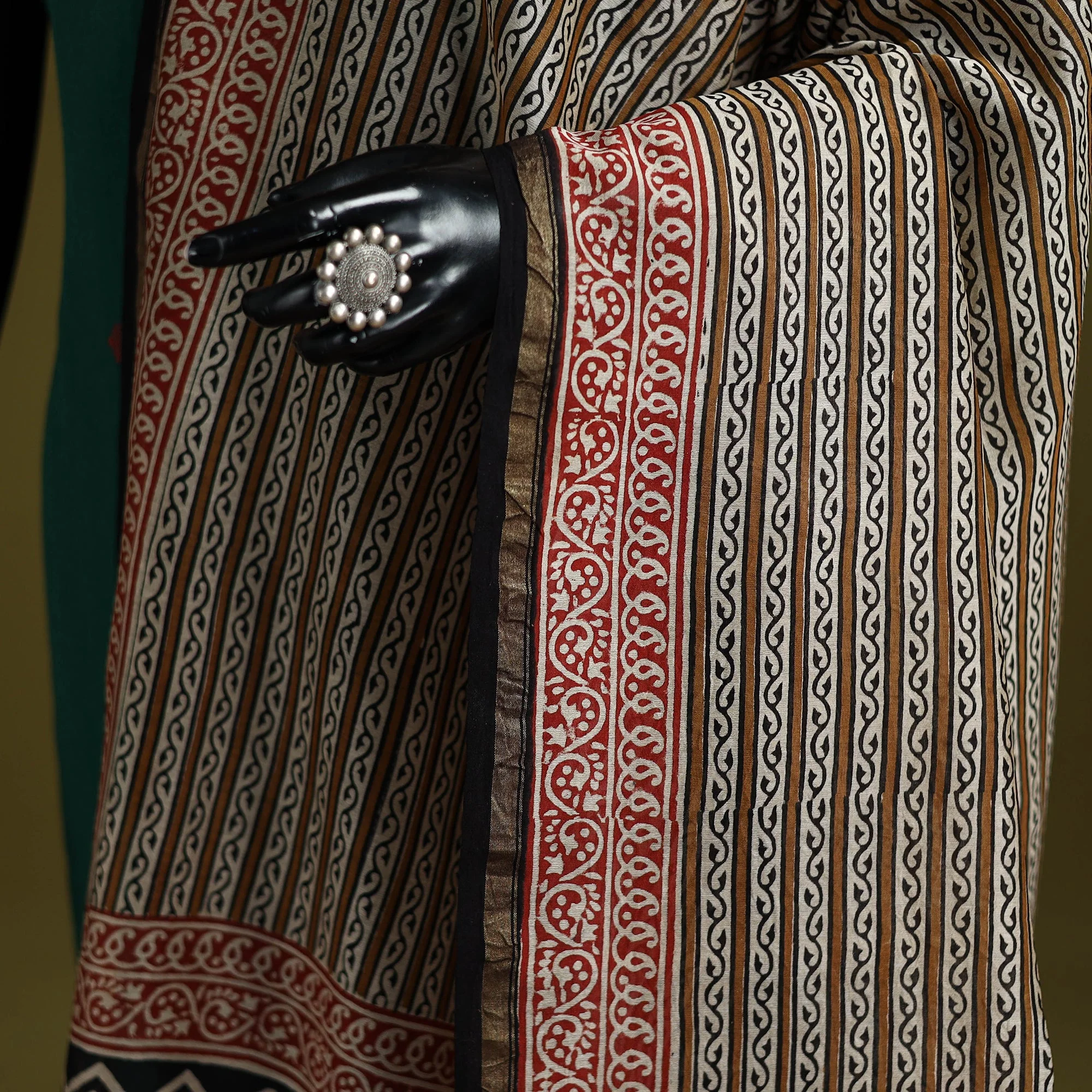 Brown - Chanderi Silk Hand Block Print Natural Dyed Bagru Dupatta 19 - Image 3