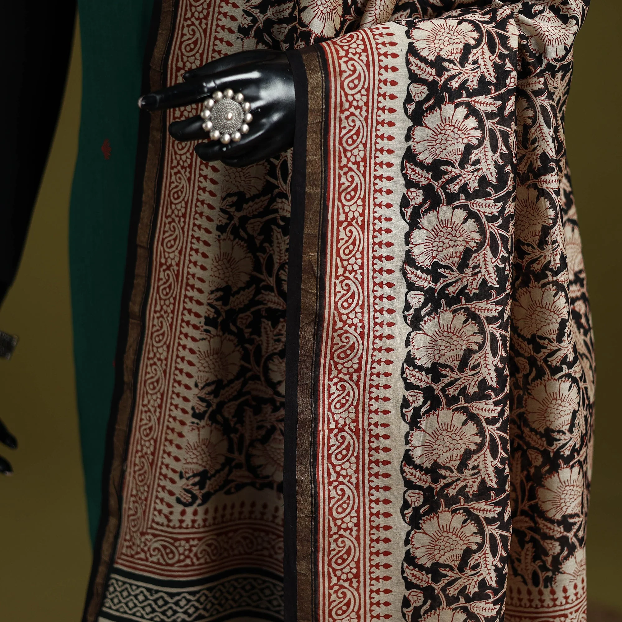 Black - Chanderi Silk Hand Block Print Natural Dyed Bagru Dupatta 20 - Image 3