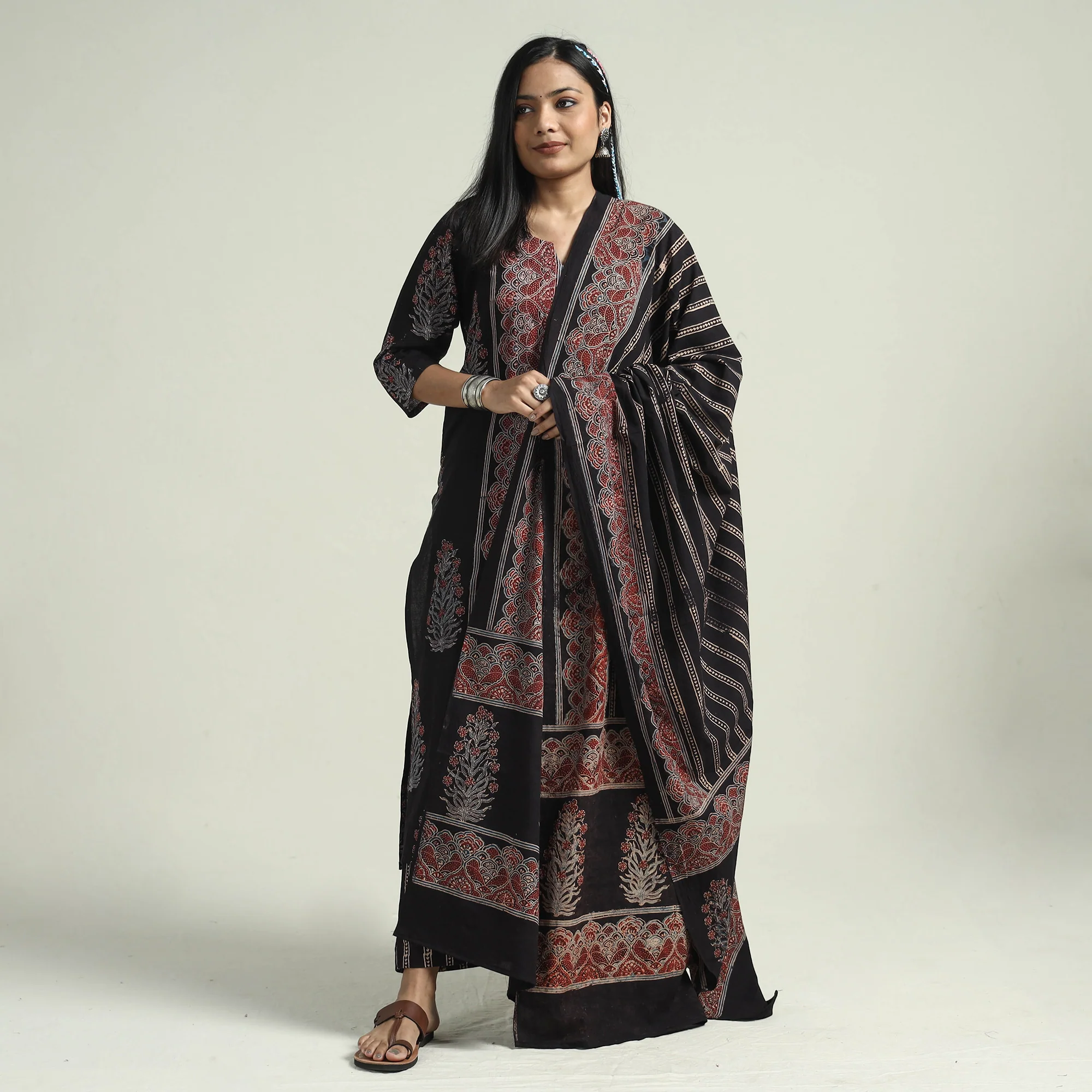 Black - Ajrakh Block Printed Cotton Kurta With Palazzo & Dupatta Set