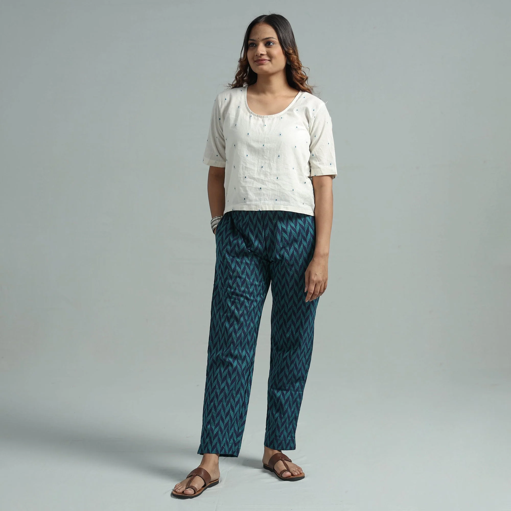 Blue - Jacquard Weave Cotton Elasticated Pant