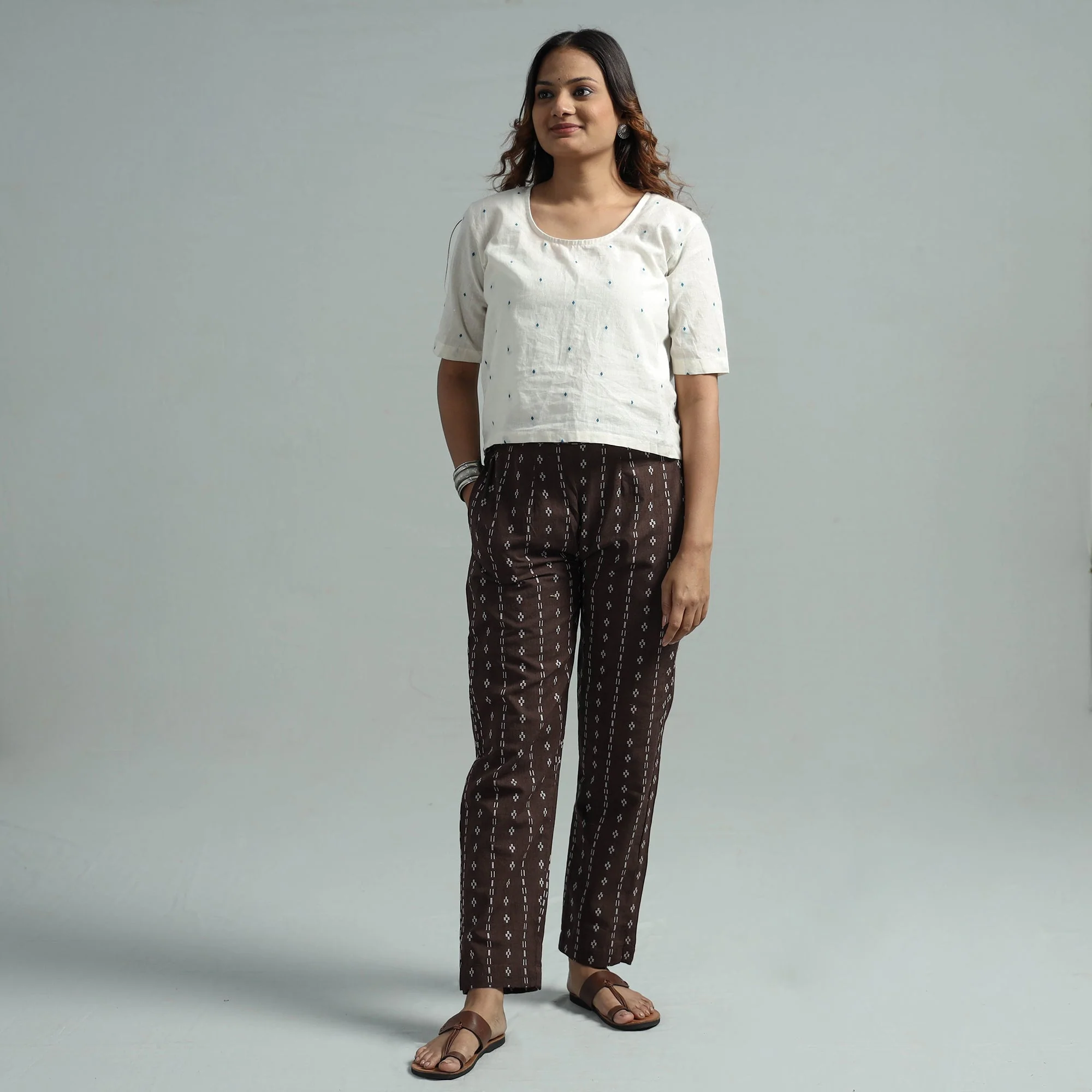 Dark Brown - Jacquard Weave Cotton Elasticated Pant