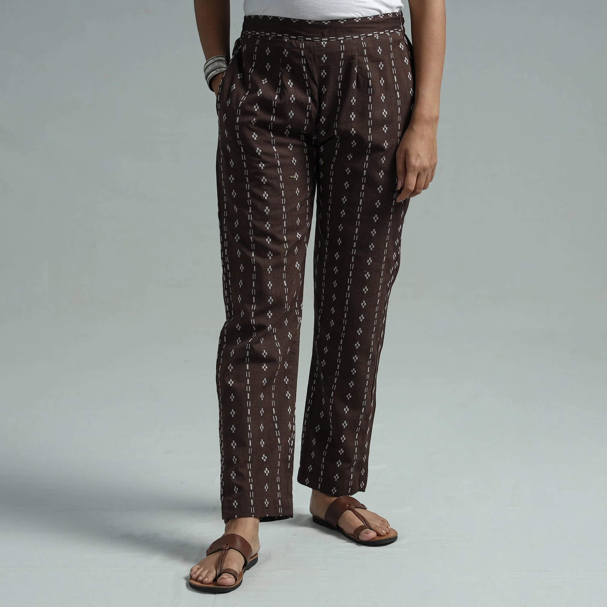 Dark Brown - Jacquard Weave Cotton Elasticated Pant - Image 2