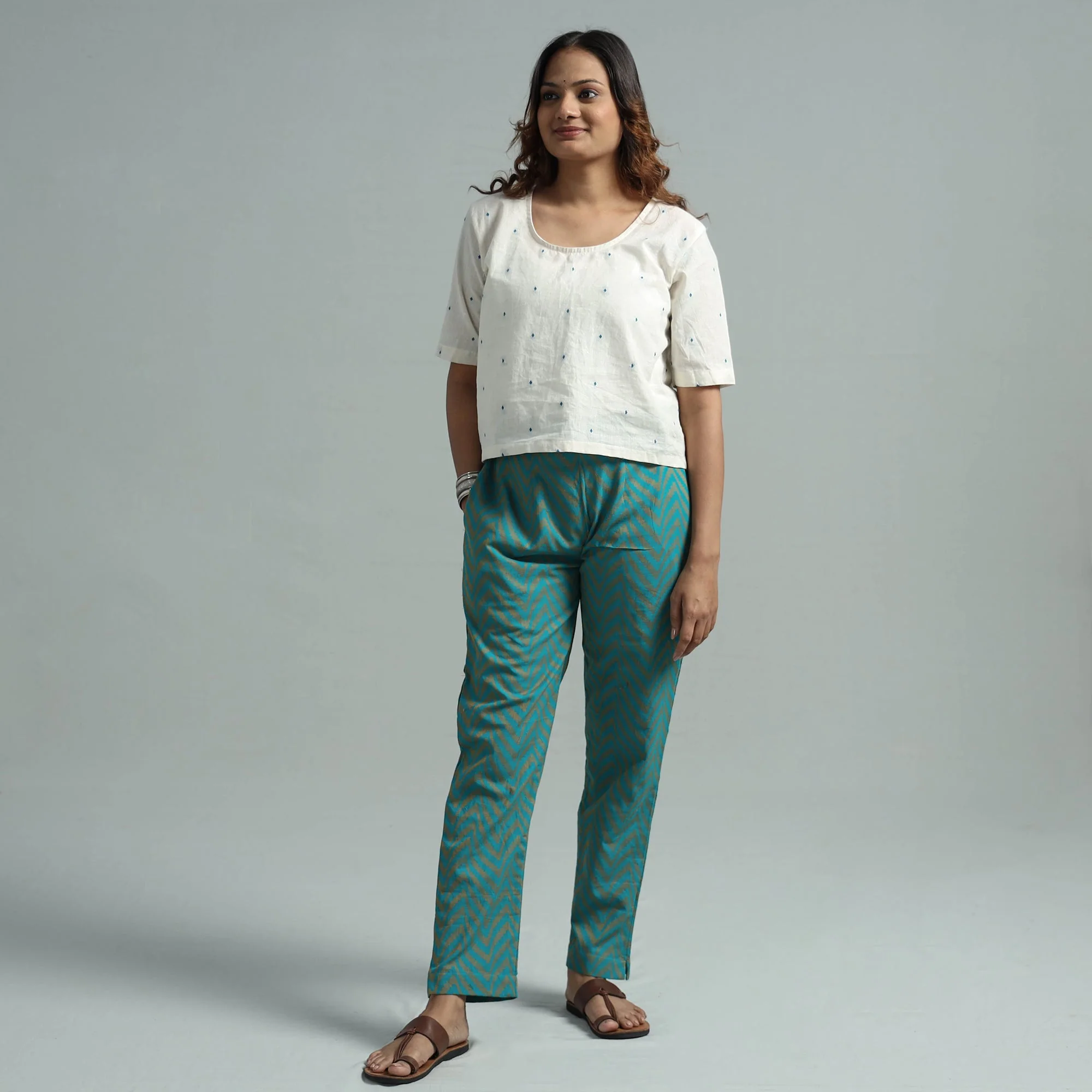 Jade Green - Jacquard Weave Cotton Elasticated Pant