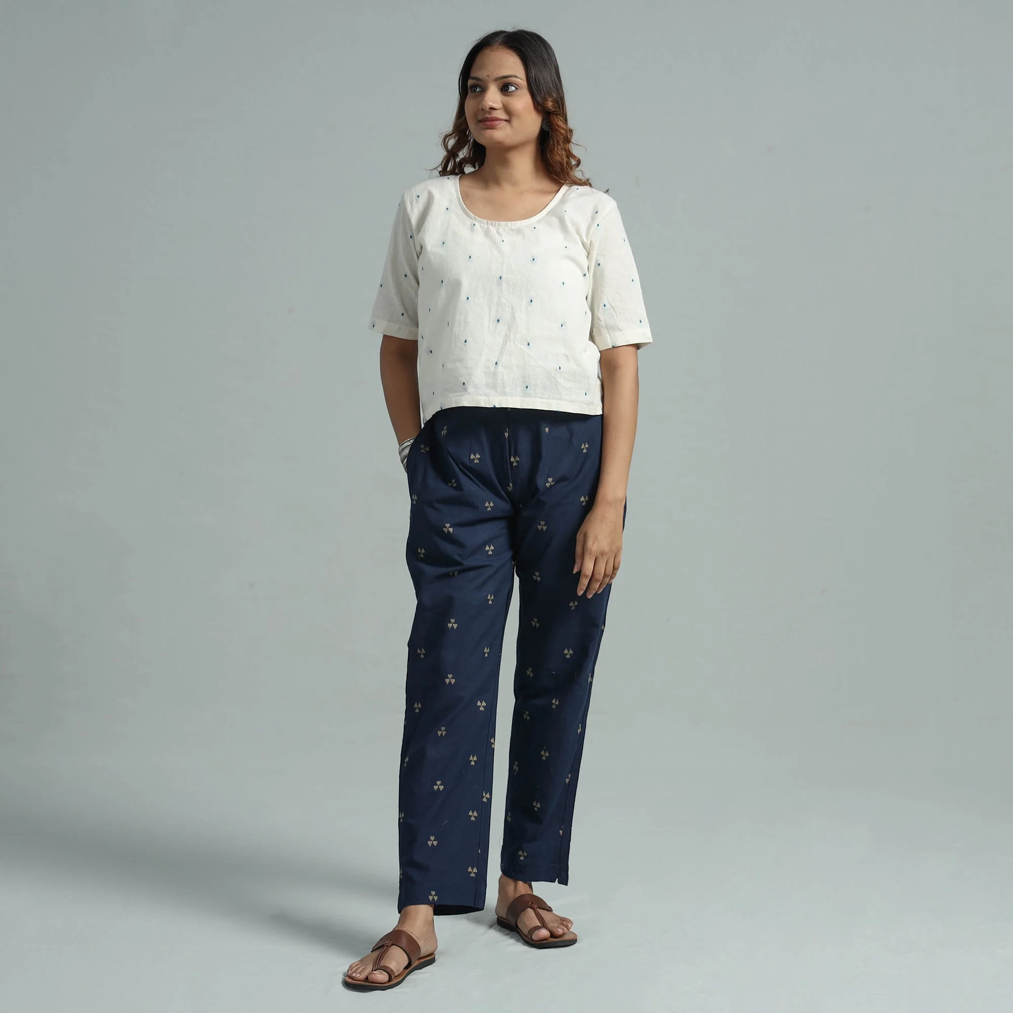 Navy Blue - Jacquard Weave Cotton Elasticated Pant