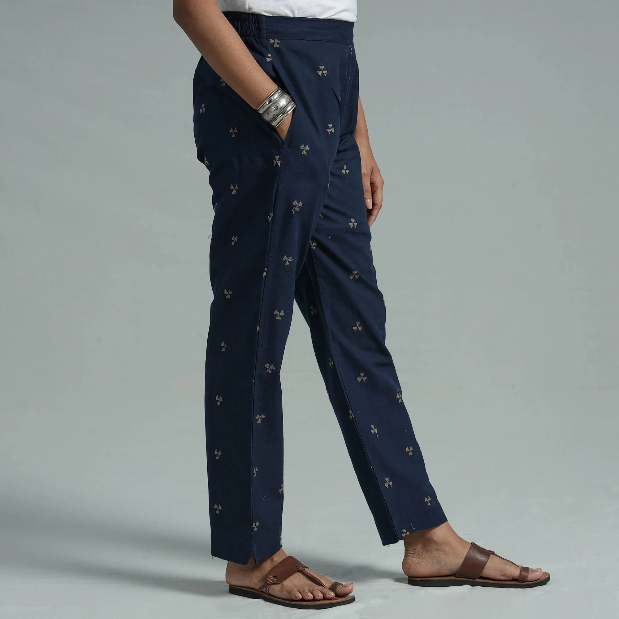 Navy Blue - Jacquard Weave Cotton Elasticated Pant - Image 3