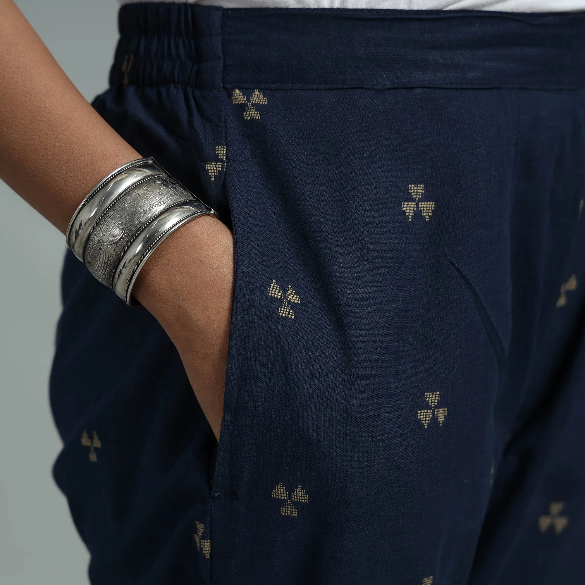 Navy Blue - Jacquard Weave Cotton Elasticated Pant - Image 4