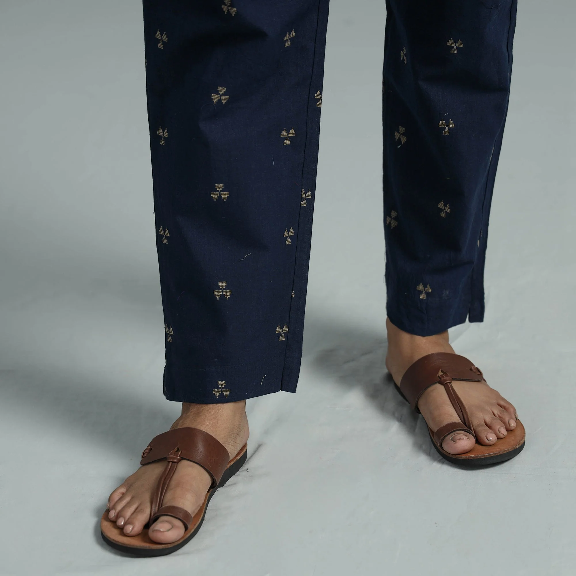 Navy Blue - Jacquard Weave Cotton Elasticated Pant - Image 5