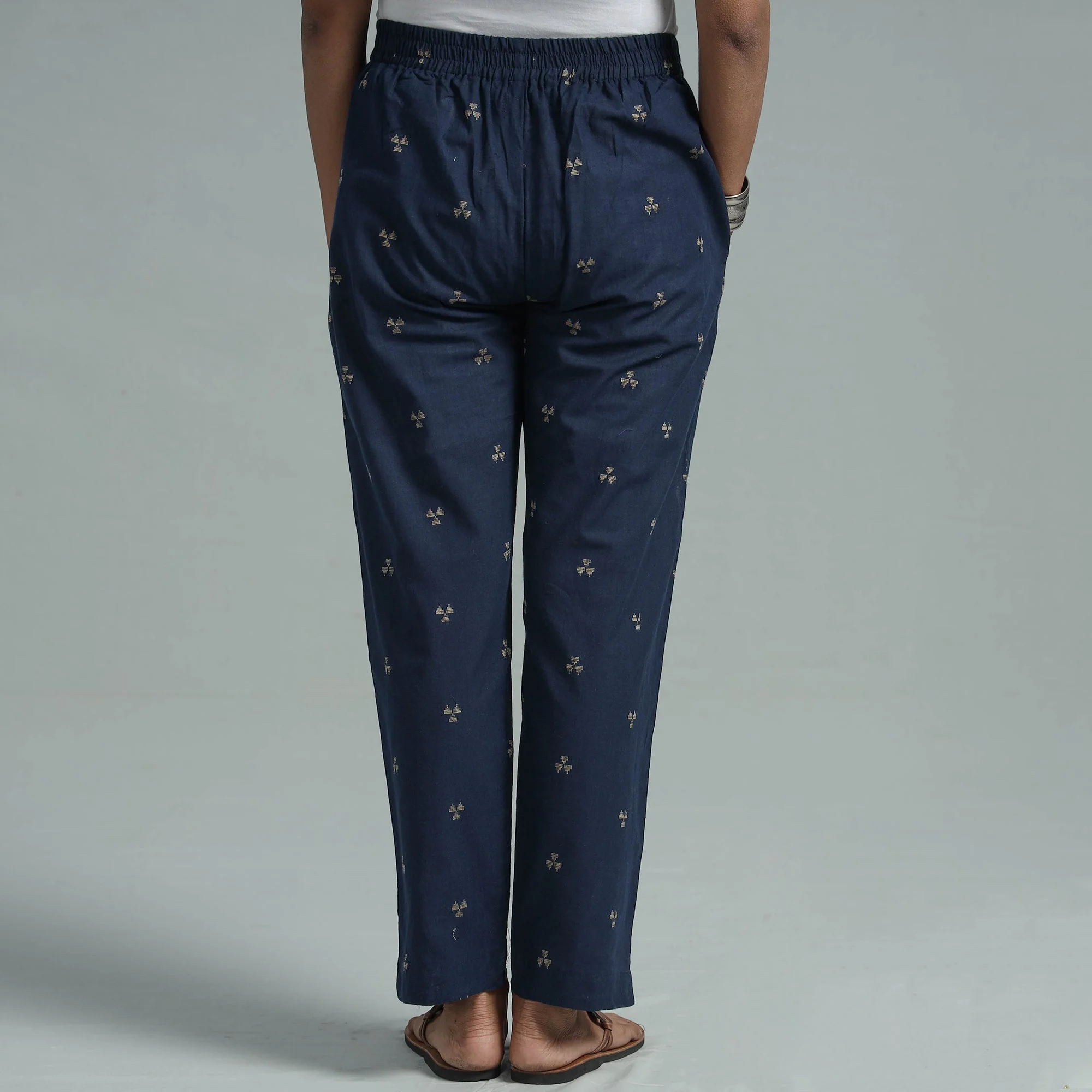 Navy Blue - Jacquard Weave Cotton Elasticated Pant - Image 6