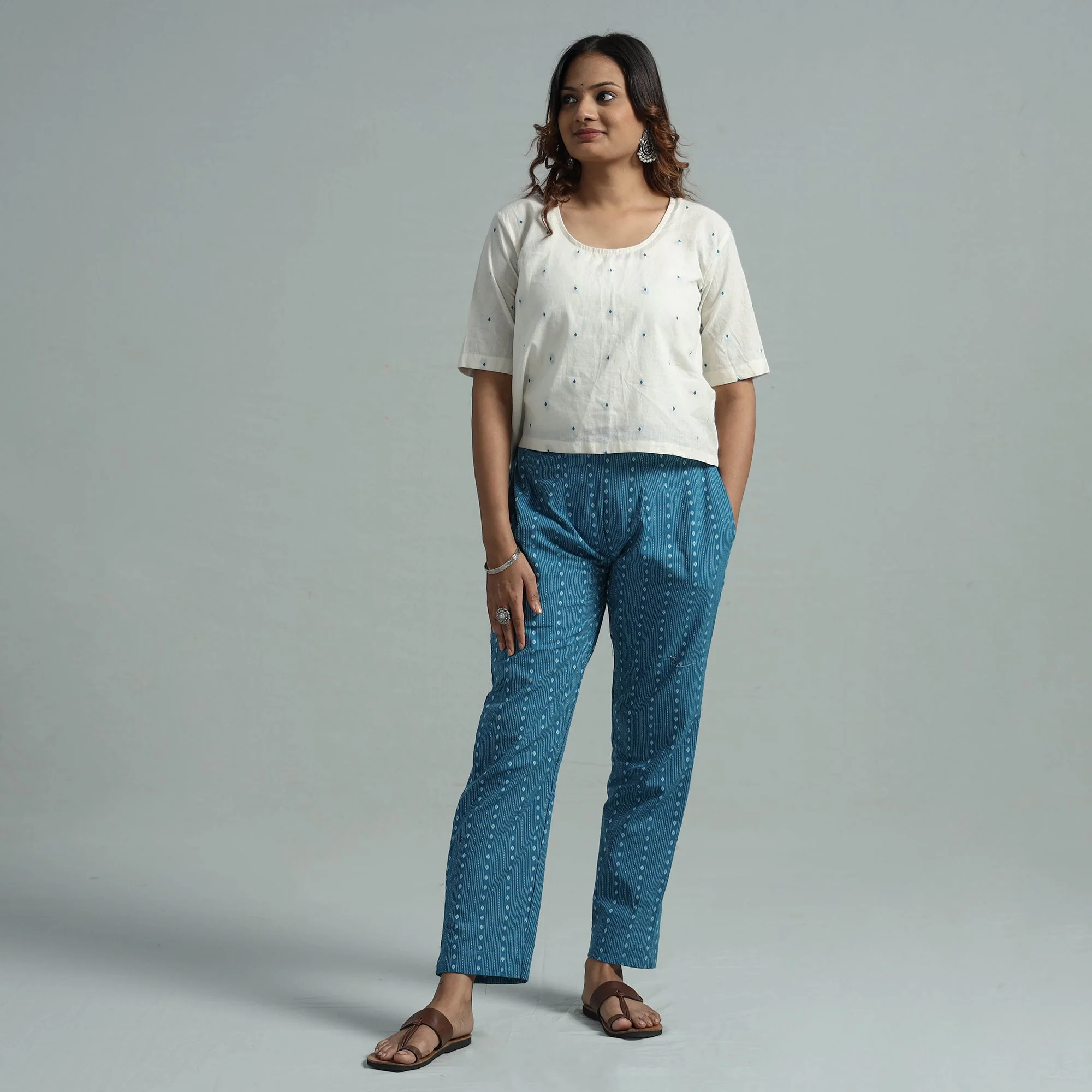 Blue - Jacquard Weave Cotton Elasticated Pant