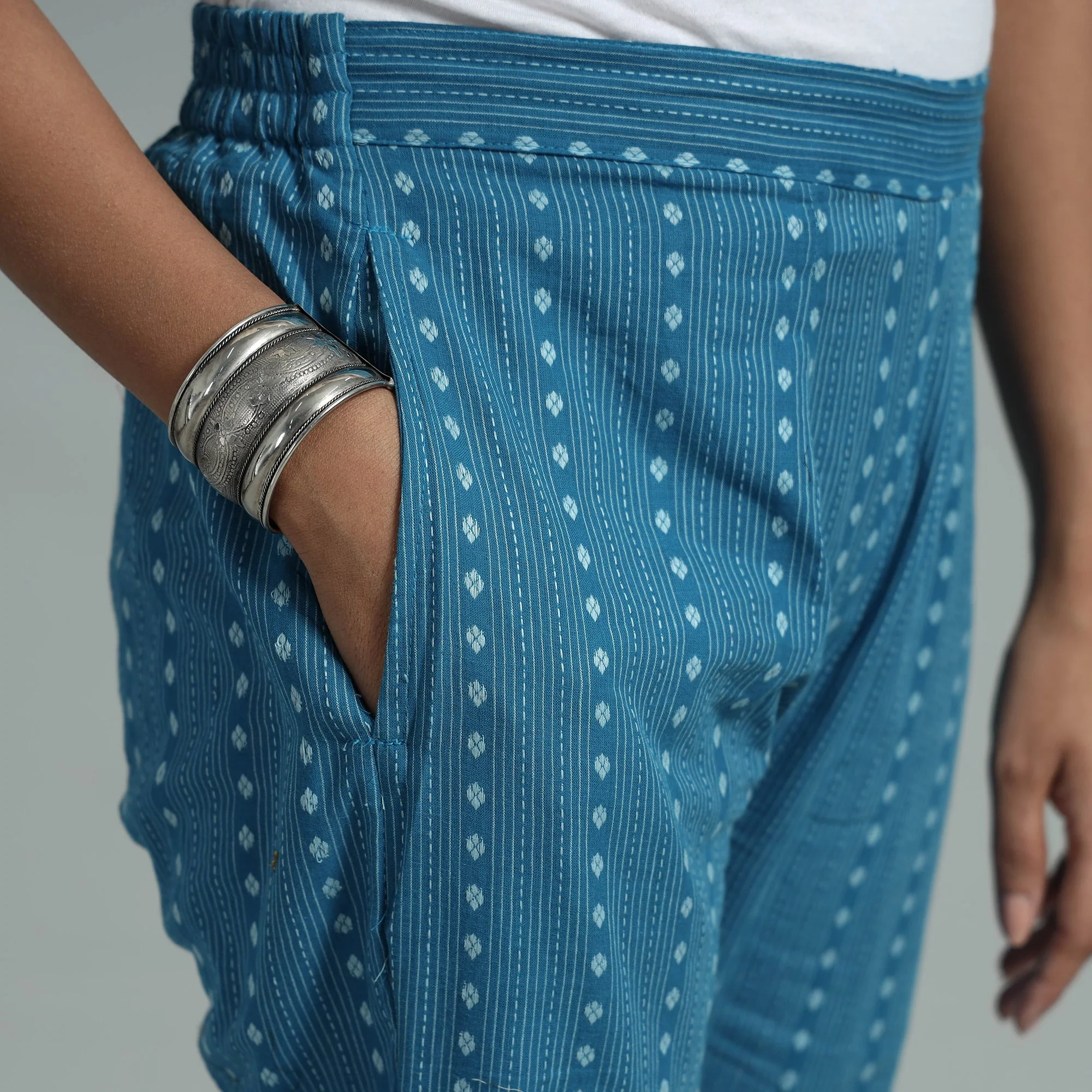 Blue - Jacquard Weave Cotton Elasticated Pant - Image 4