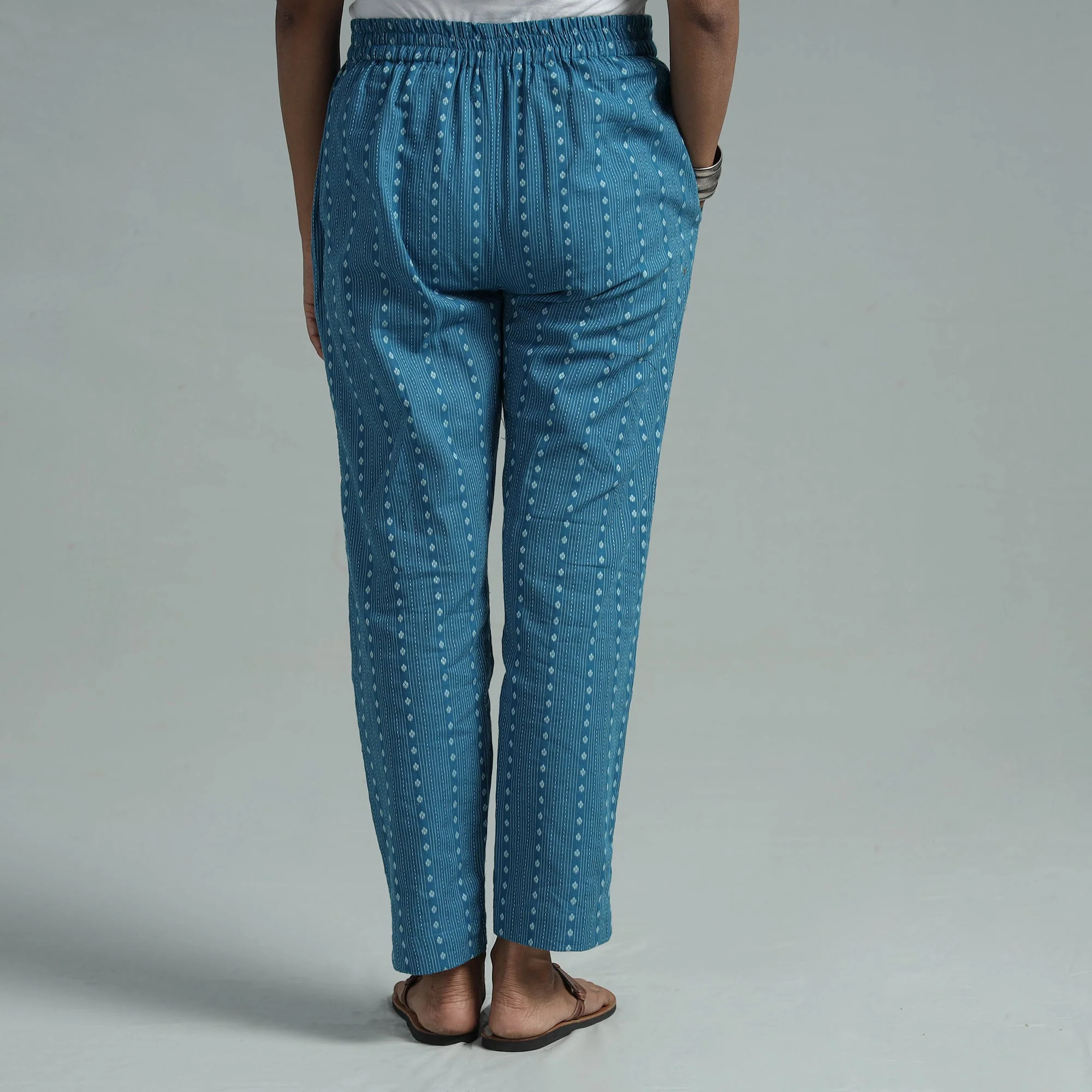 Blue - Jacquard Weave Cotton Elasticated Pant - Image 6