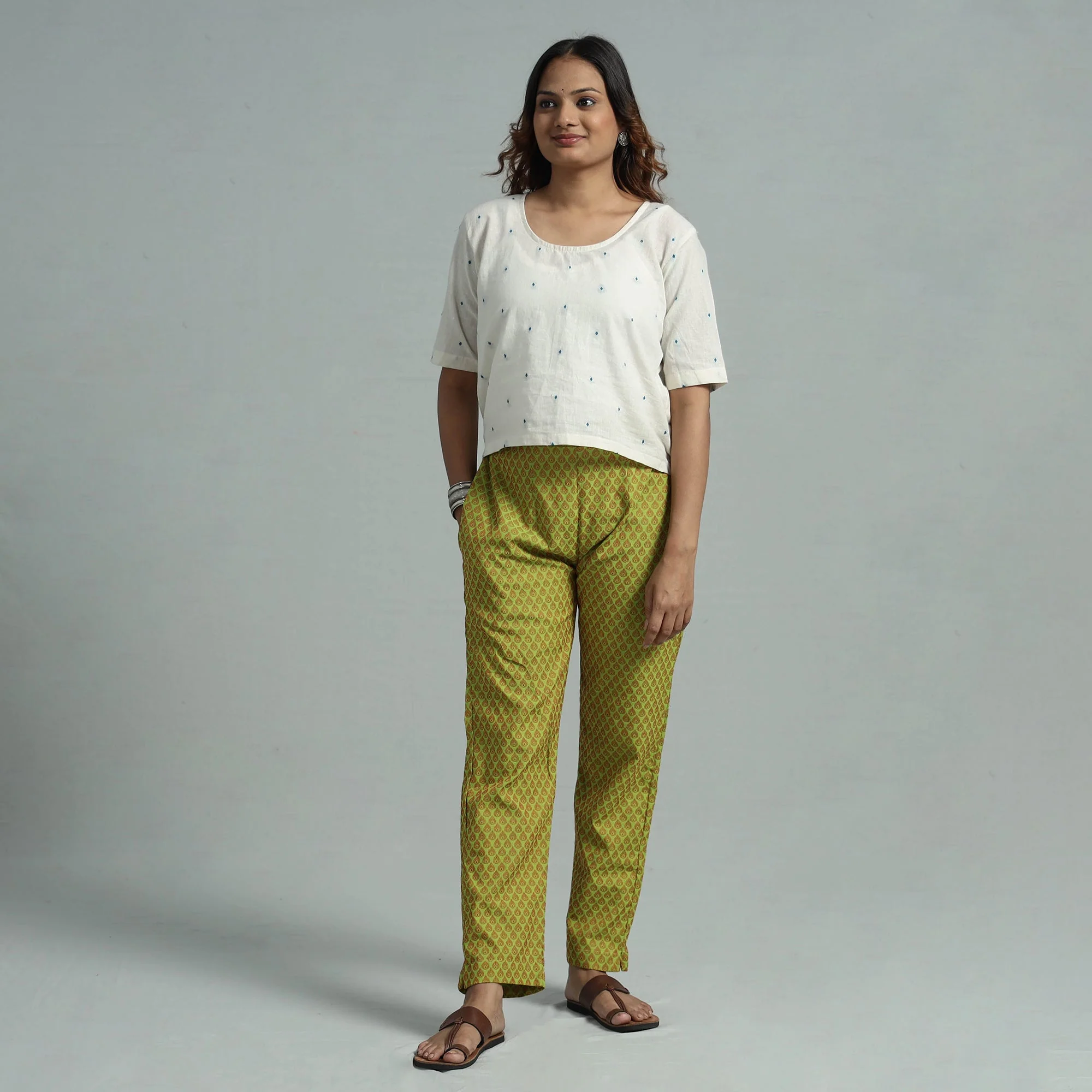 Parrot Green - Jacquard Weave Cotton Elasticated Pant