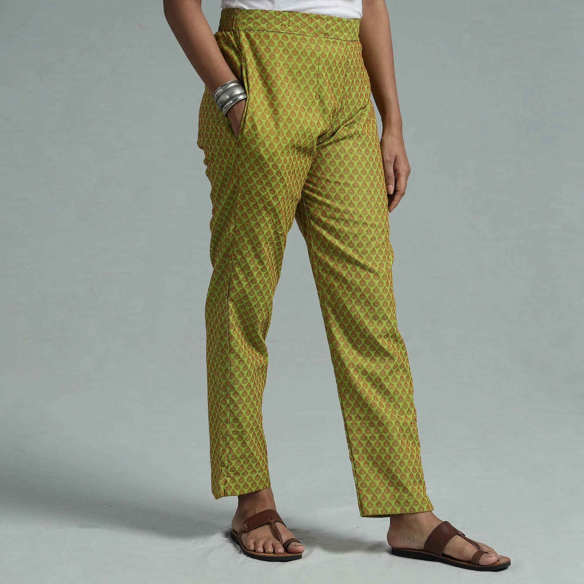 Parrot Green - Jacquard Weave Cotton Elasticated Pant - Image 3