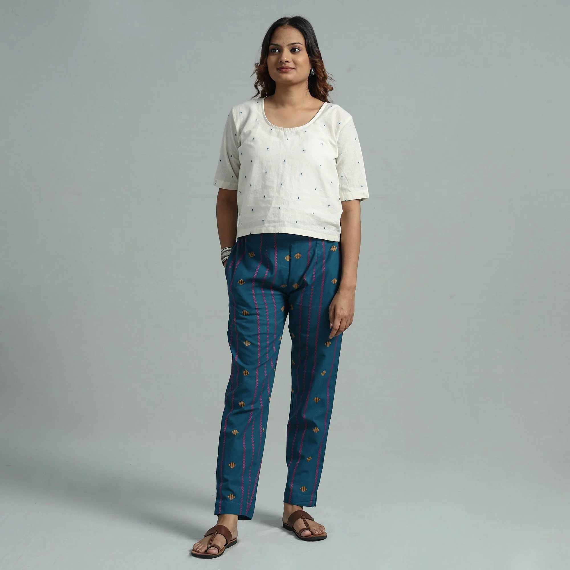 Blue - Jacquard Weave Cotton Elasticated Pant
