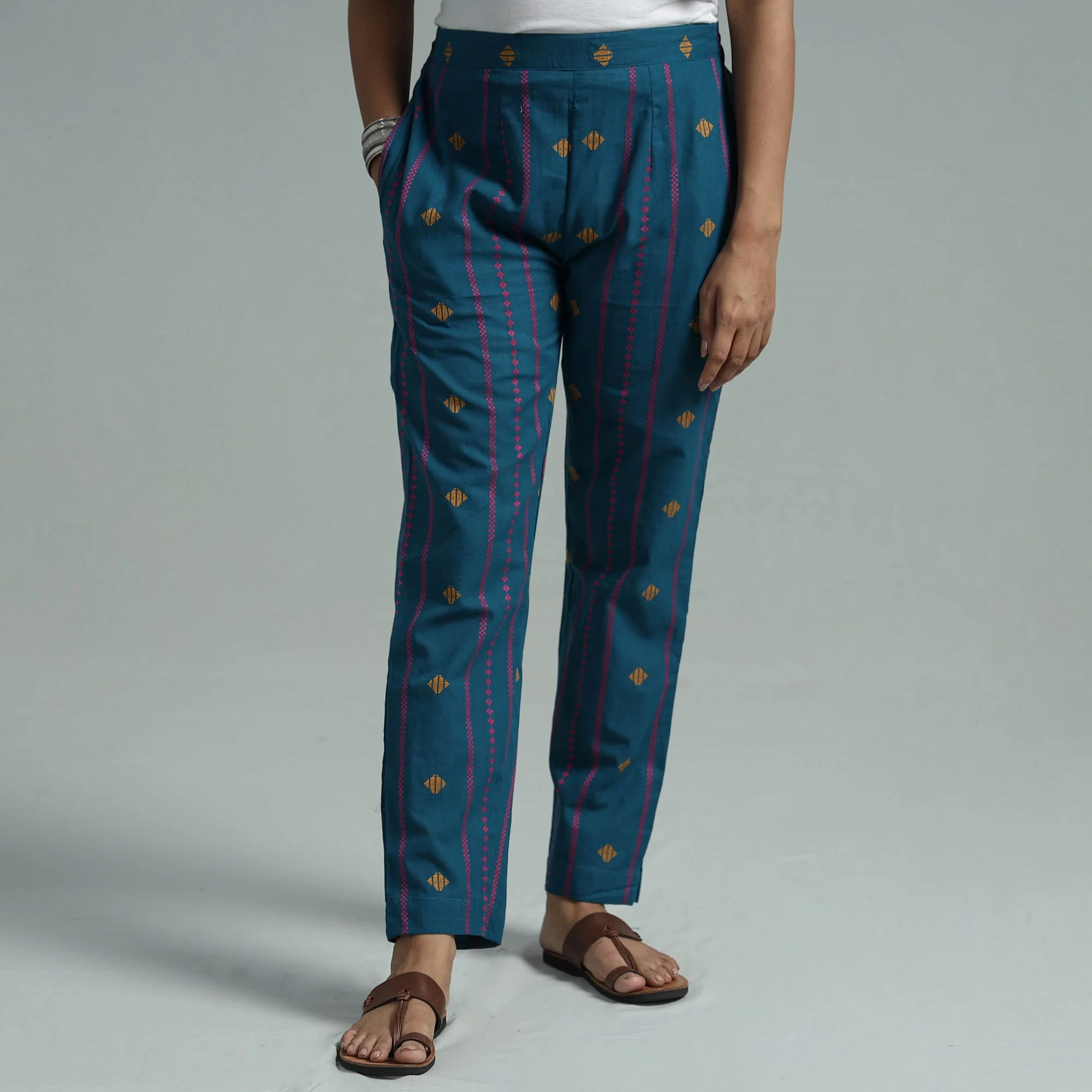 Blue - Jacquard Weave Cotton Elasticated Pant - Image 2