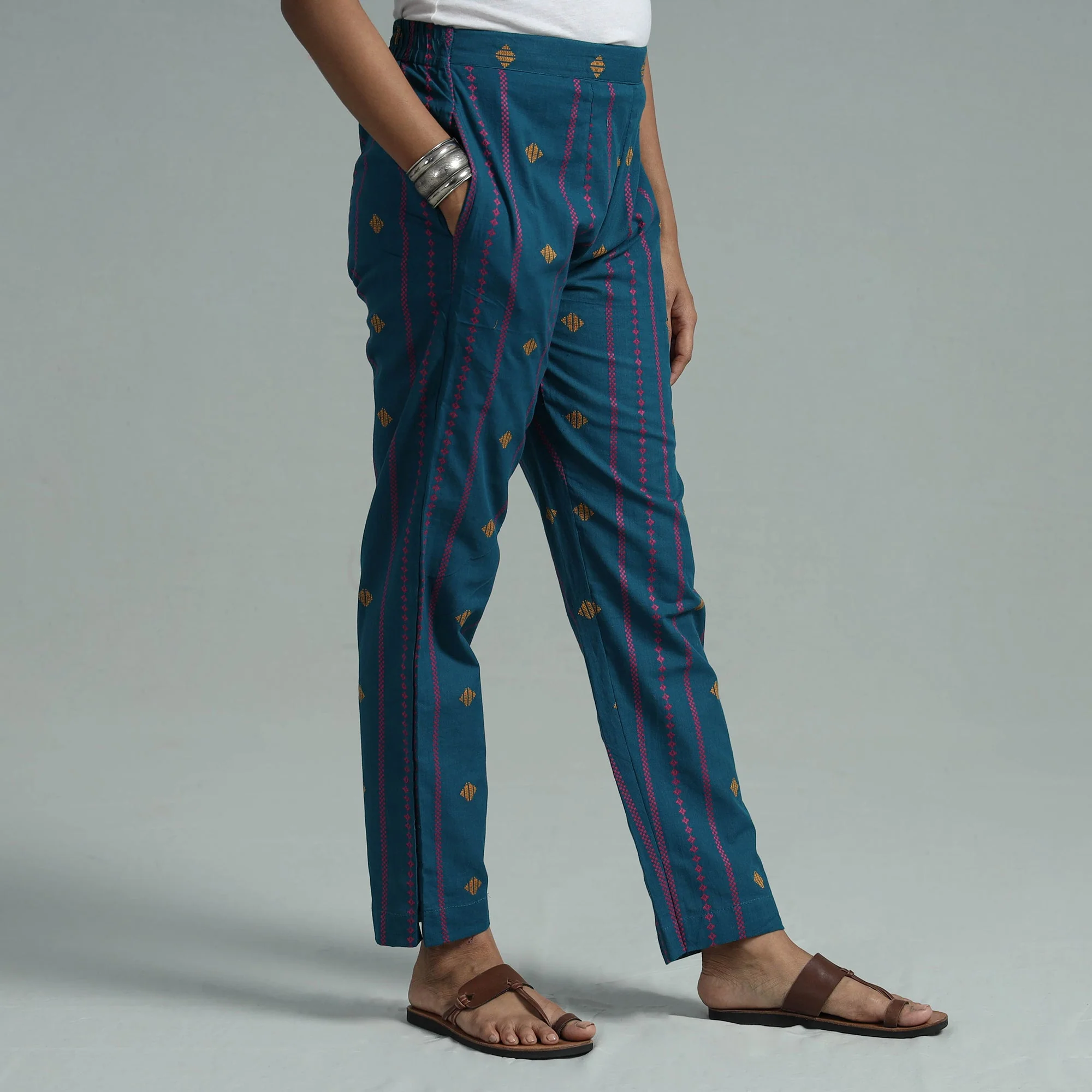 Blue - Jacquard Weave Cotton Elasticated Pant - Image 3