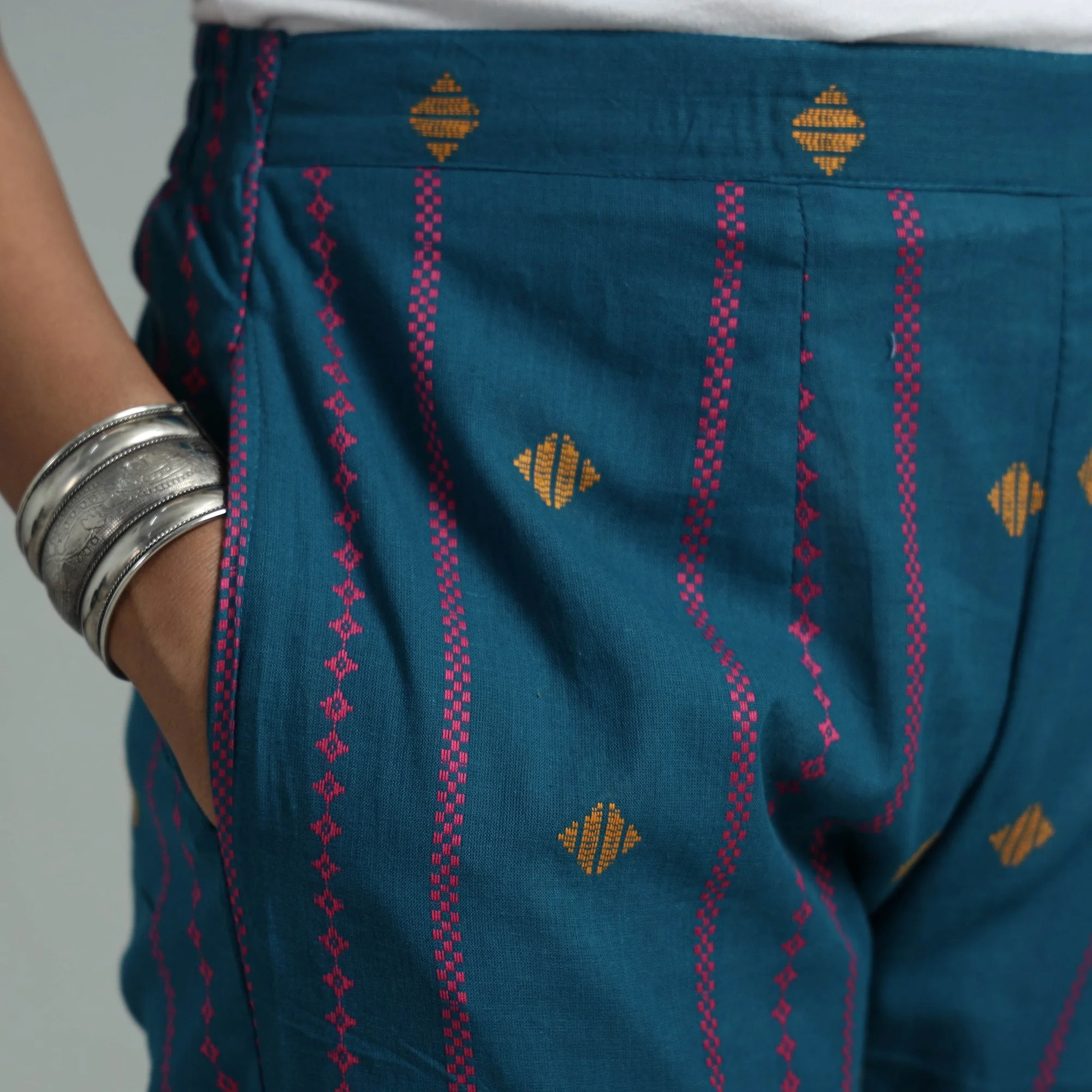 Blue - Jacquard Weave Cotton Elasticated Pant - Image 4