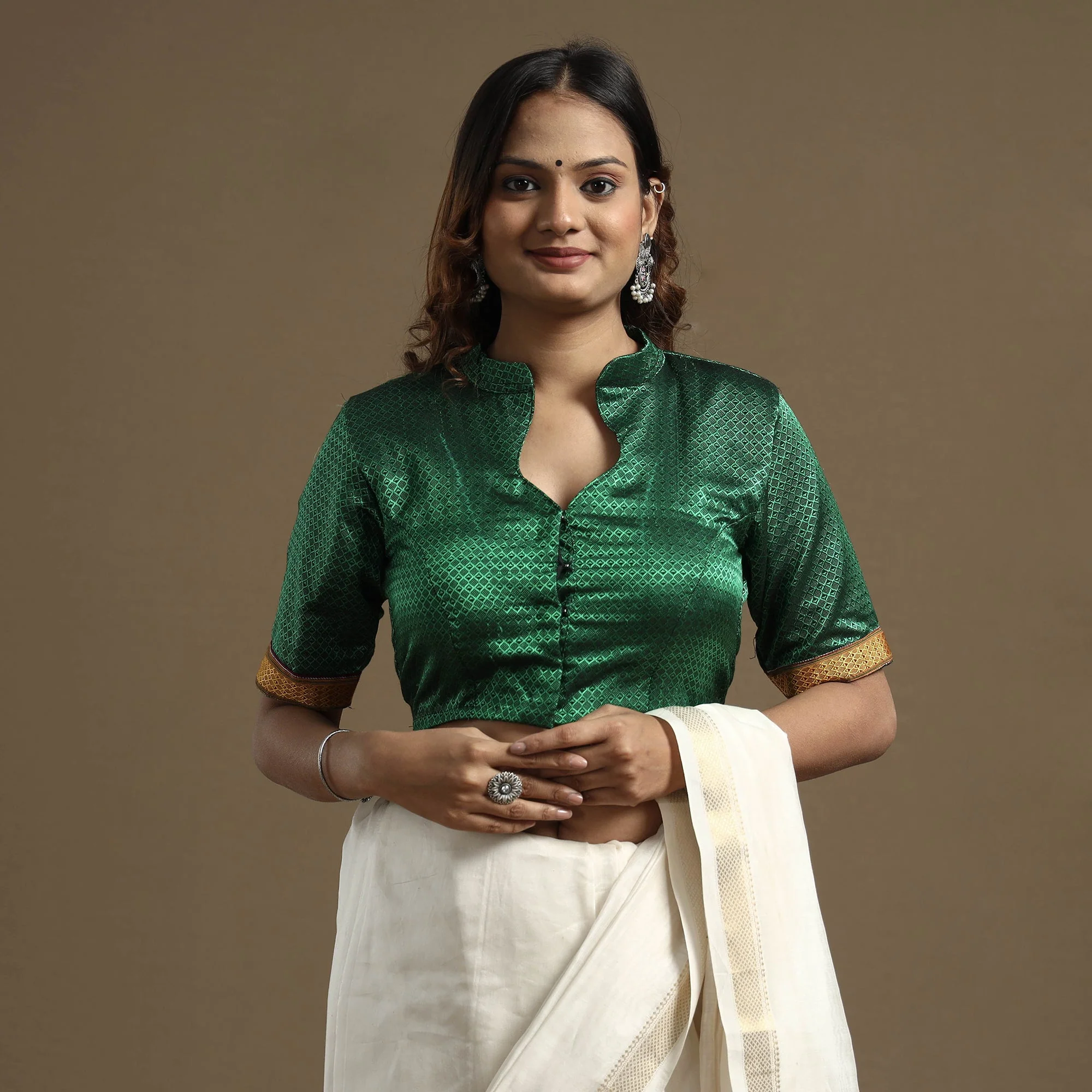 Green - Khun Weave Handloom Cottton Stitched Blouse - Image 3