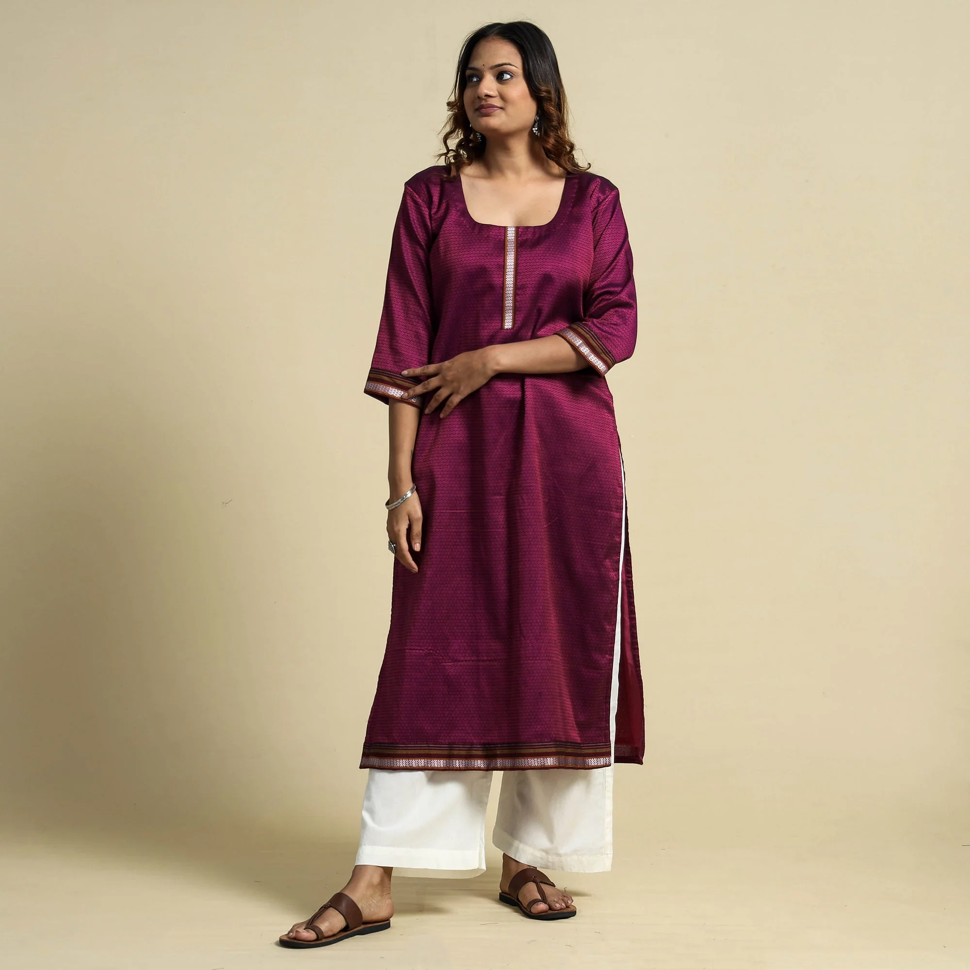Dark Pink - Khun Weave Cotton Straight Kurta - Image 3