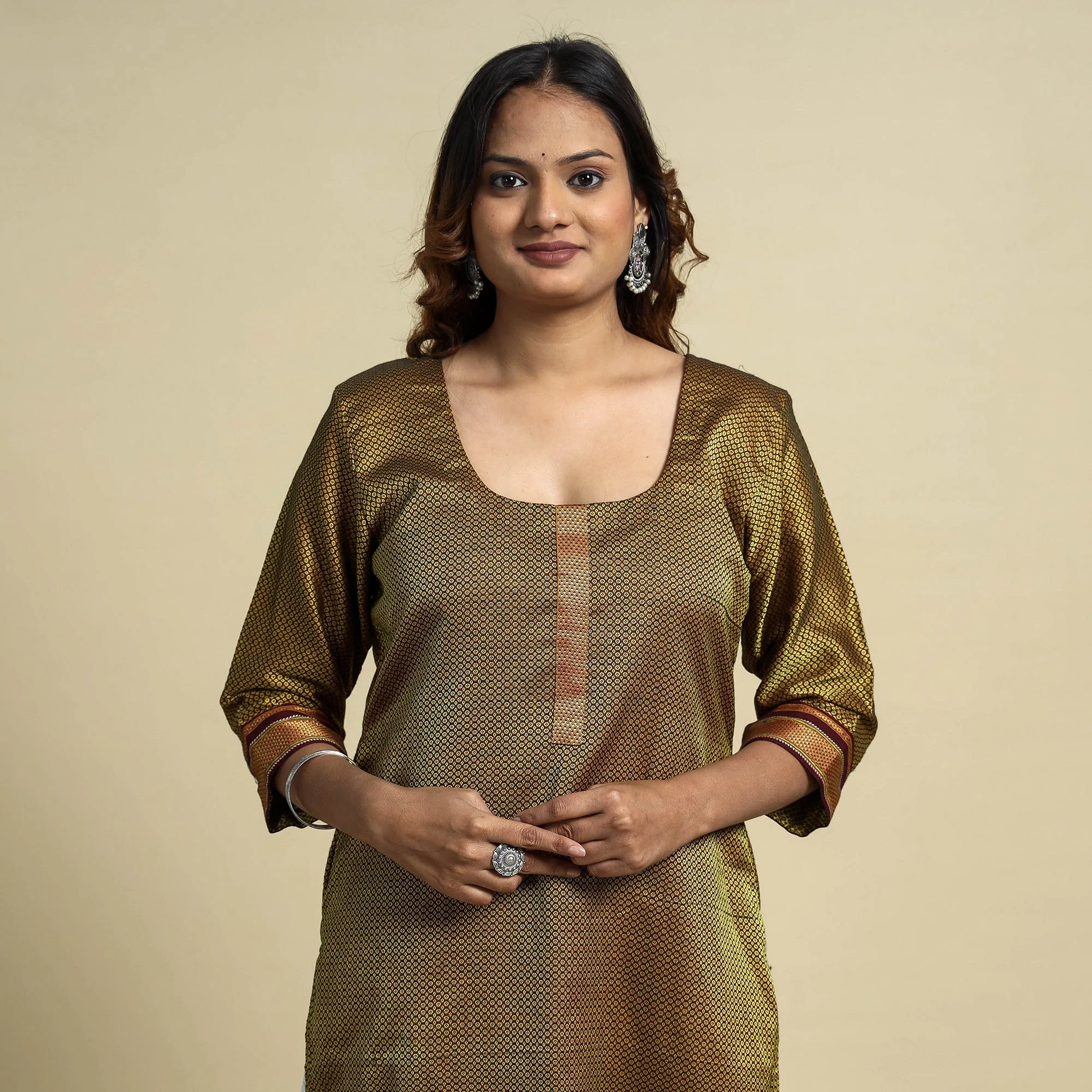 Green - Yellow - Khun Weave Cotton Straight Kurta