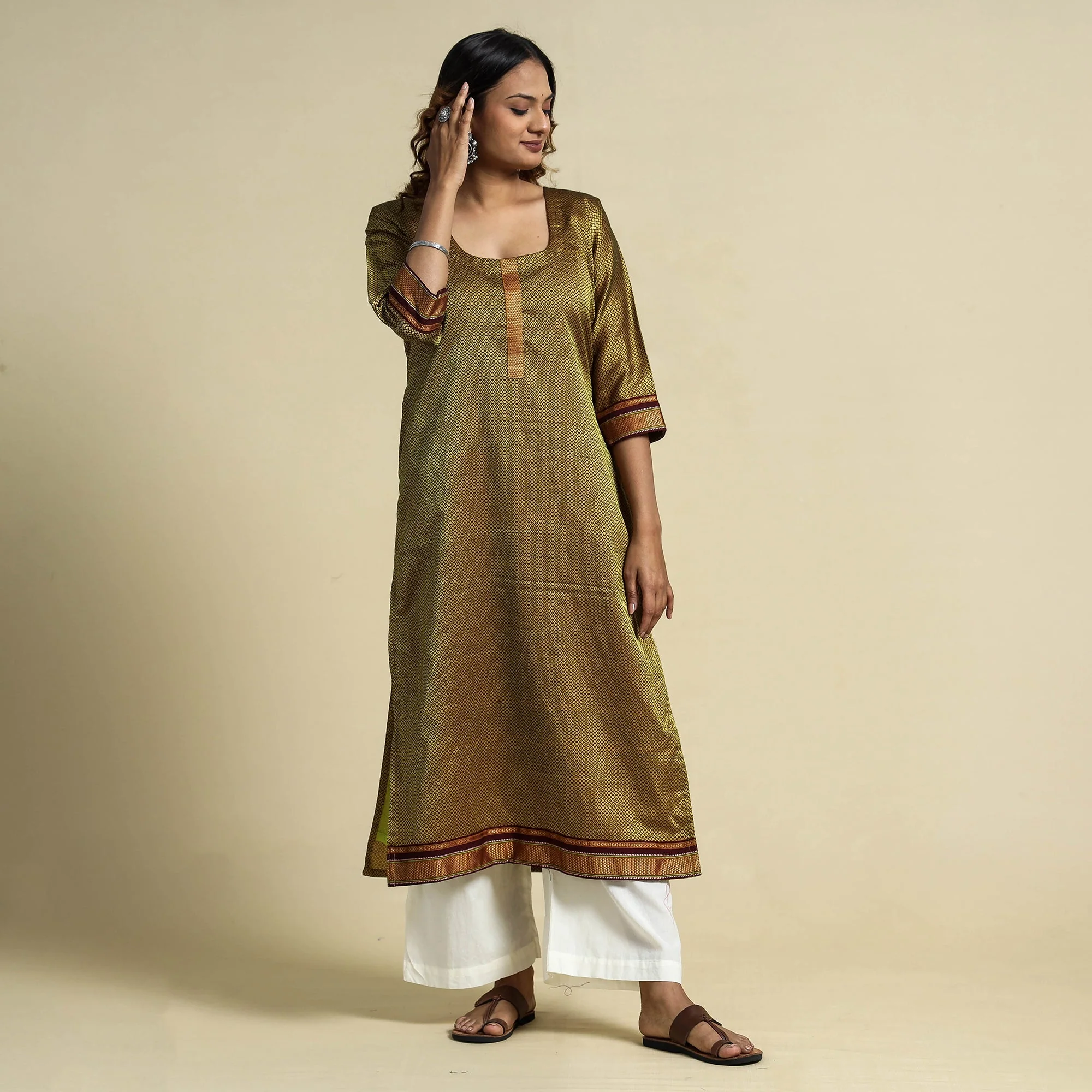 Green - Yellow - Khun Weave Cotton Straight Kurta - Image 2