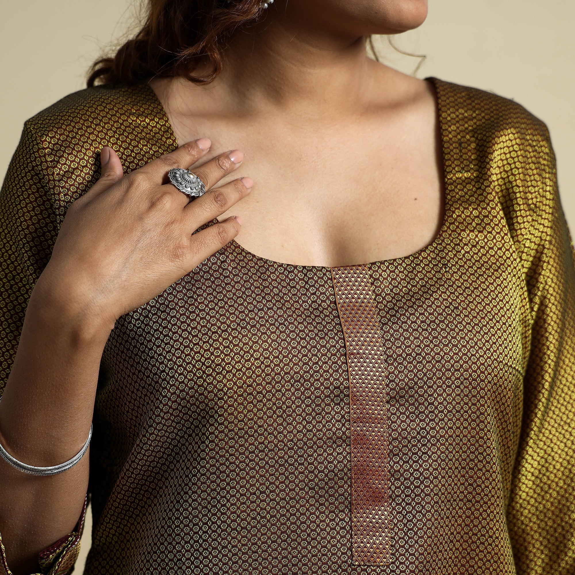 Green - Yellow - Khun Weave Cotton Straight Kurta - Image 4