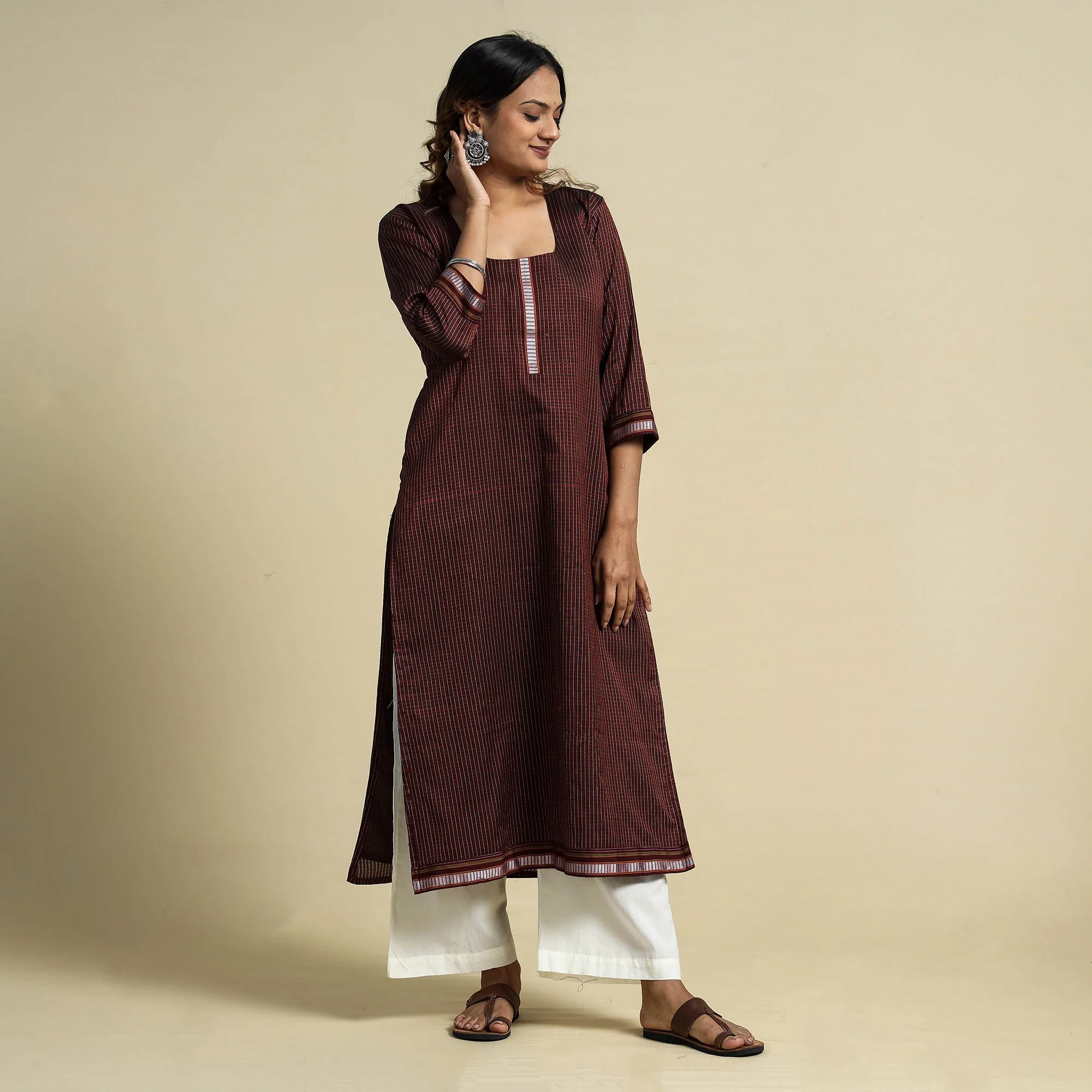 Brown - Khun Weave Cotton Straight Kurta - Image 2