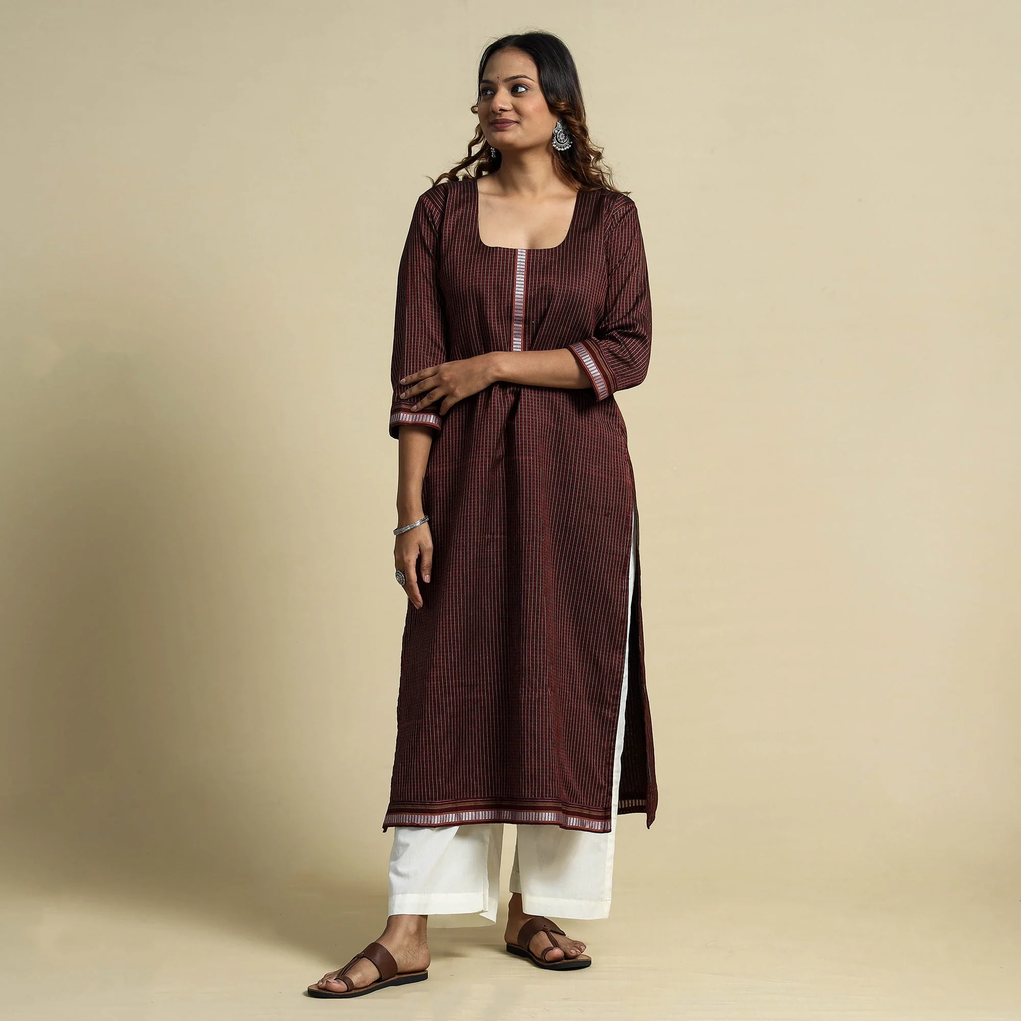 Brown - Khun Weave Cotton Straight Kurta - Image 3