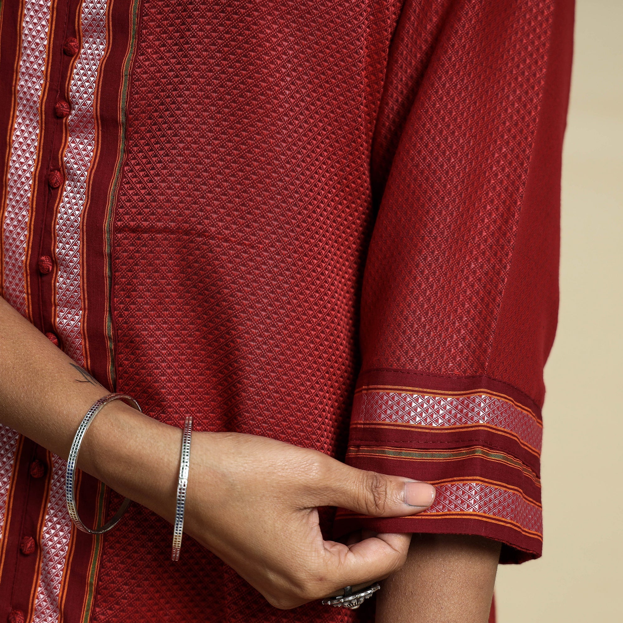 Red - Khun Weave Cotton Straight Kurta - Image 5