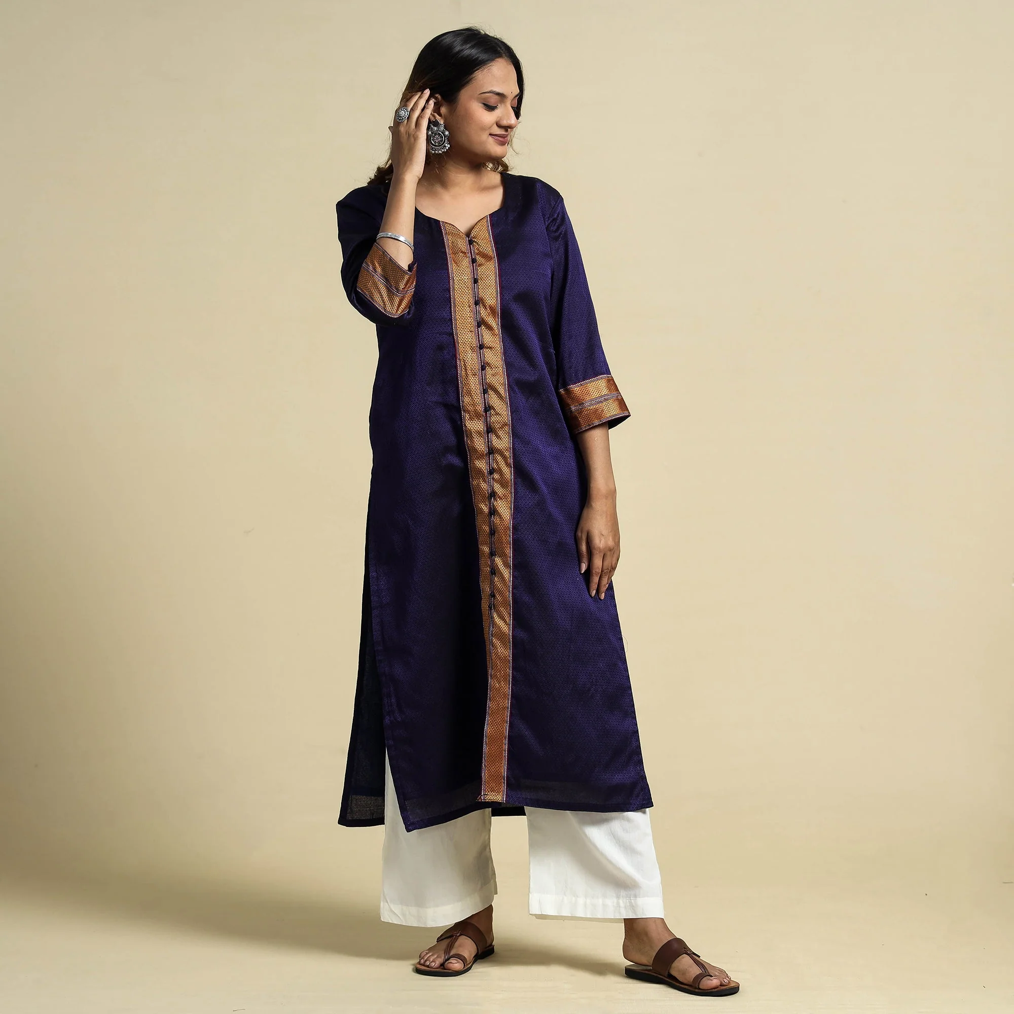 Blue - Violet - Khun Weave Cotton Straight Kurta - Image 2