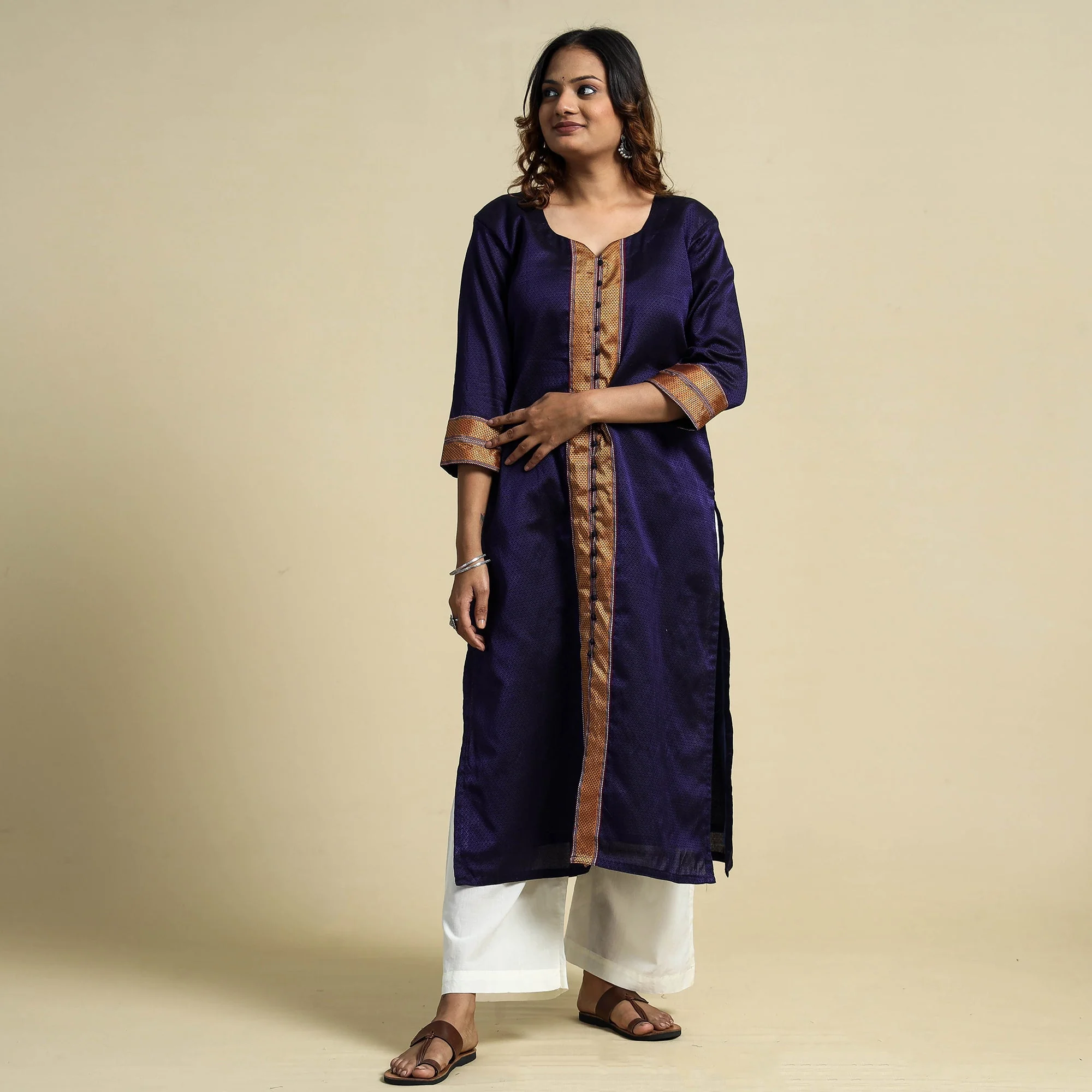 Blue - Violet - Khun Weave Cotton Straight Kurta - Image 3