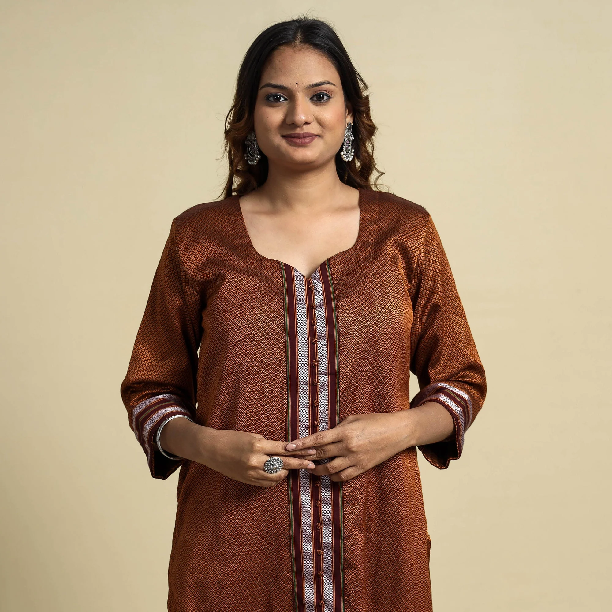 Brown - Khun Weave Cotton Straight Kurta