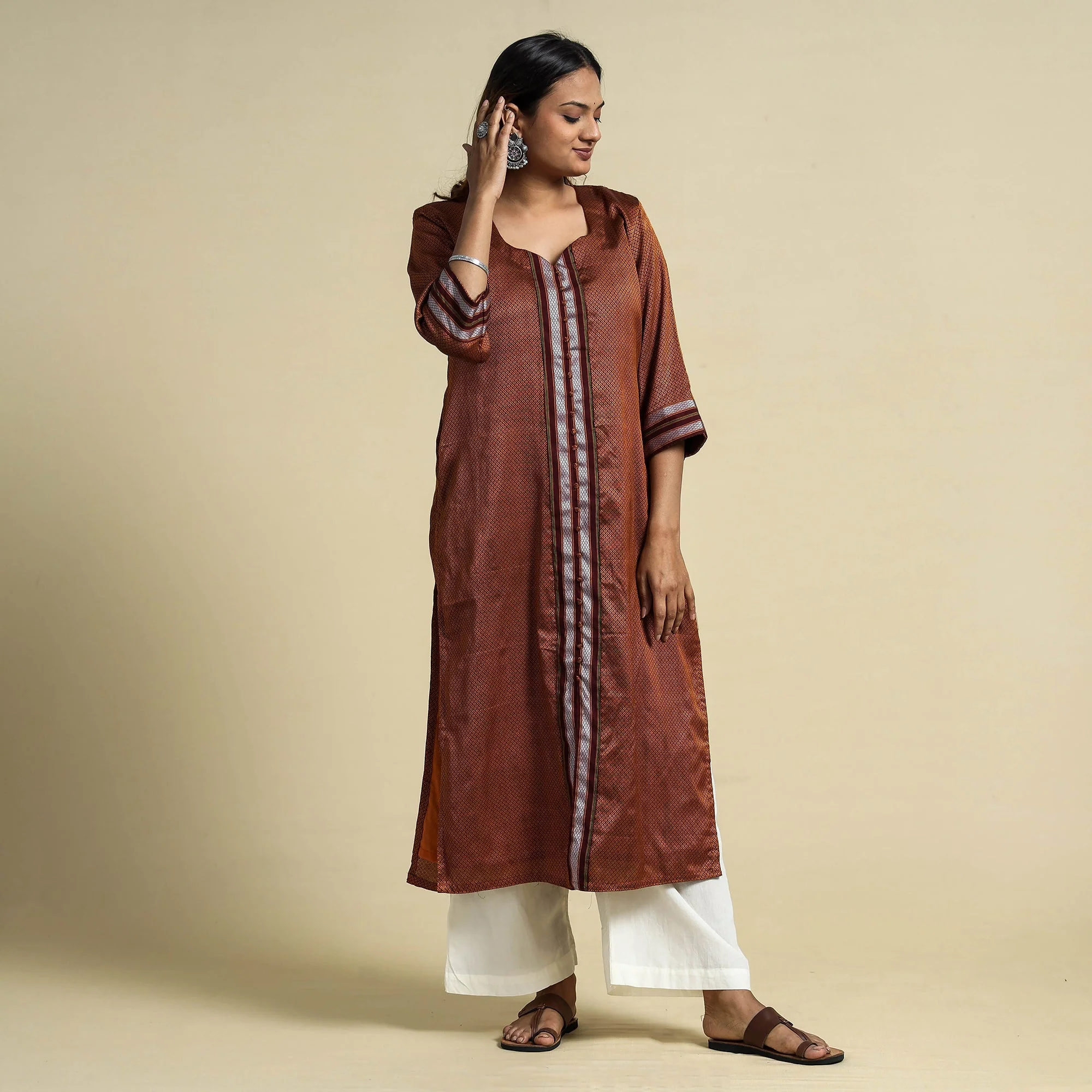 Brown - Khun Weave Cotton Straight Kurta - Image 2