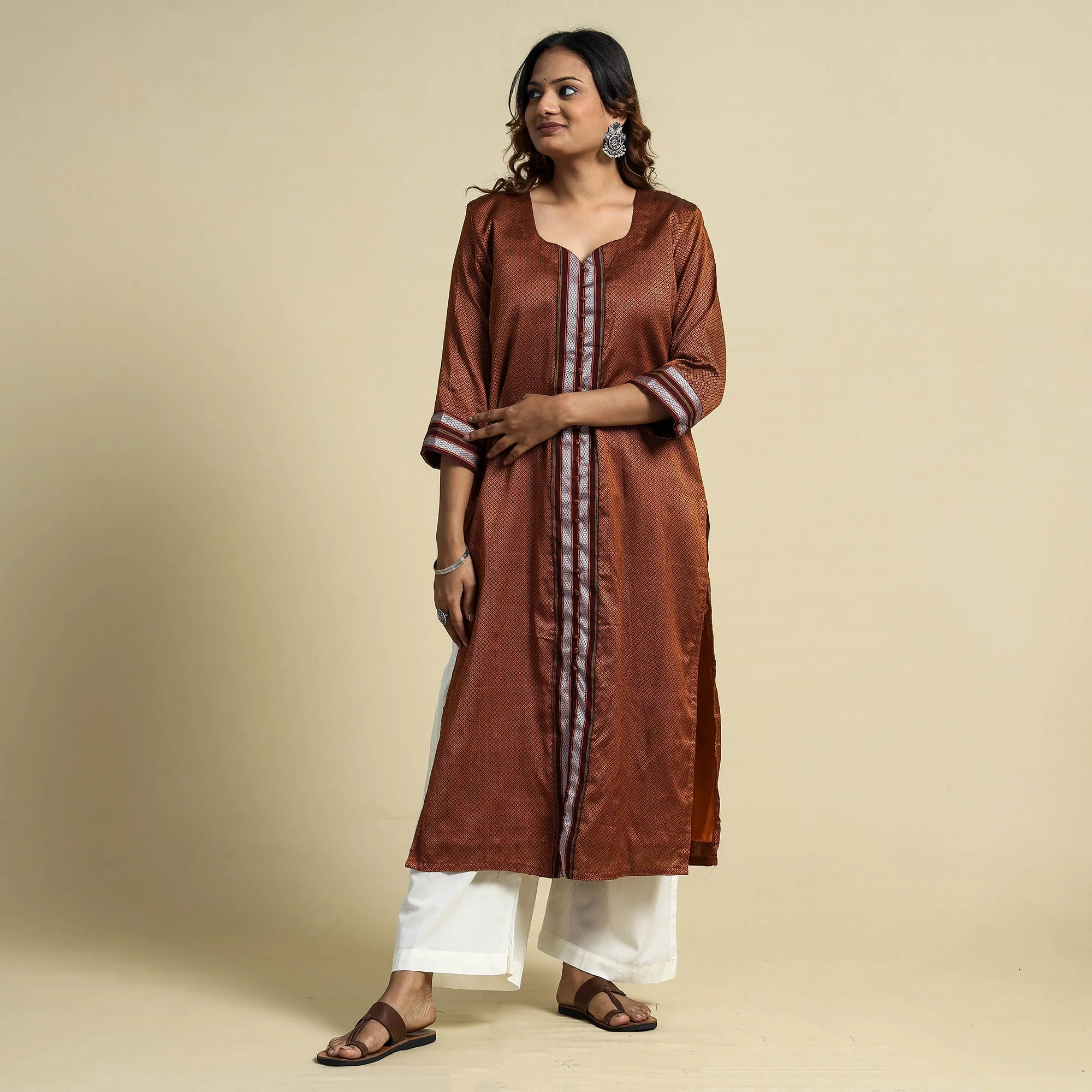 Brown - Khun Weave Cotton Straight Kurta - Image 3