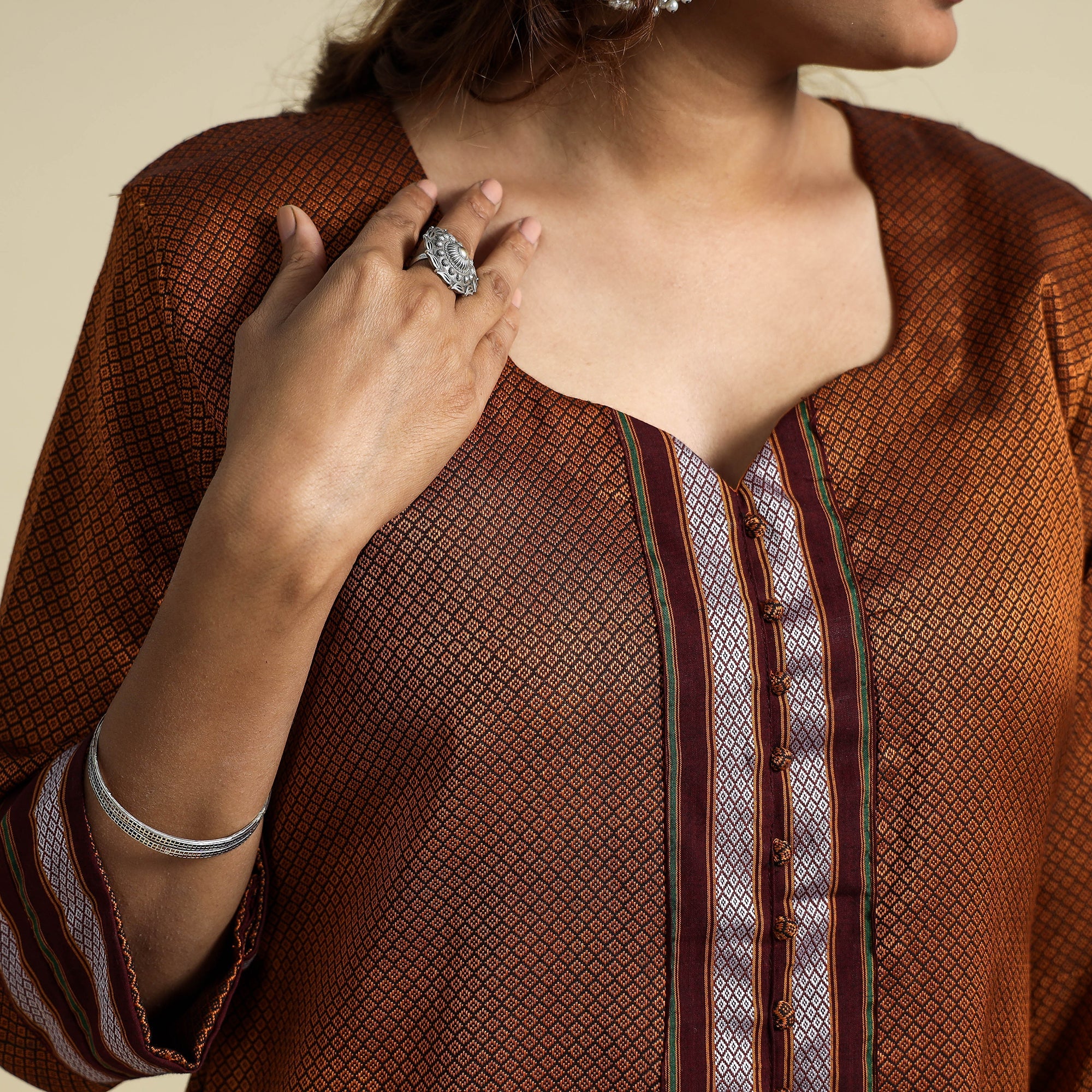 Brown - Khun Weave Cotton Straight Kurta - Image 4