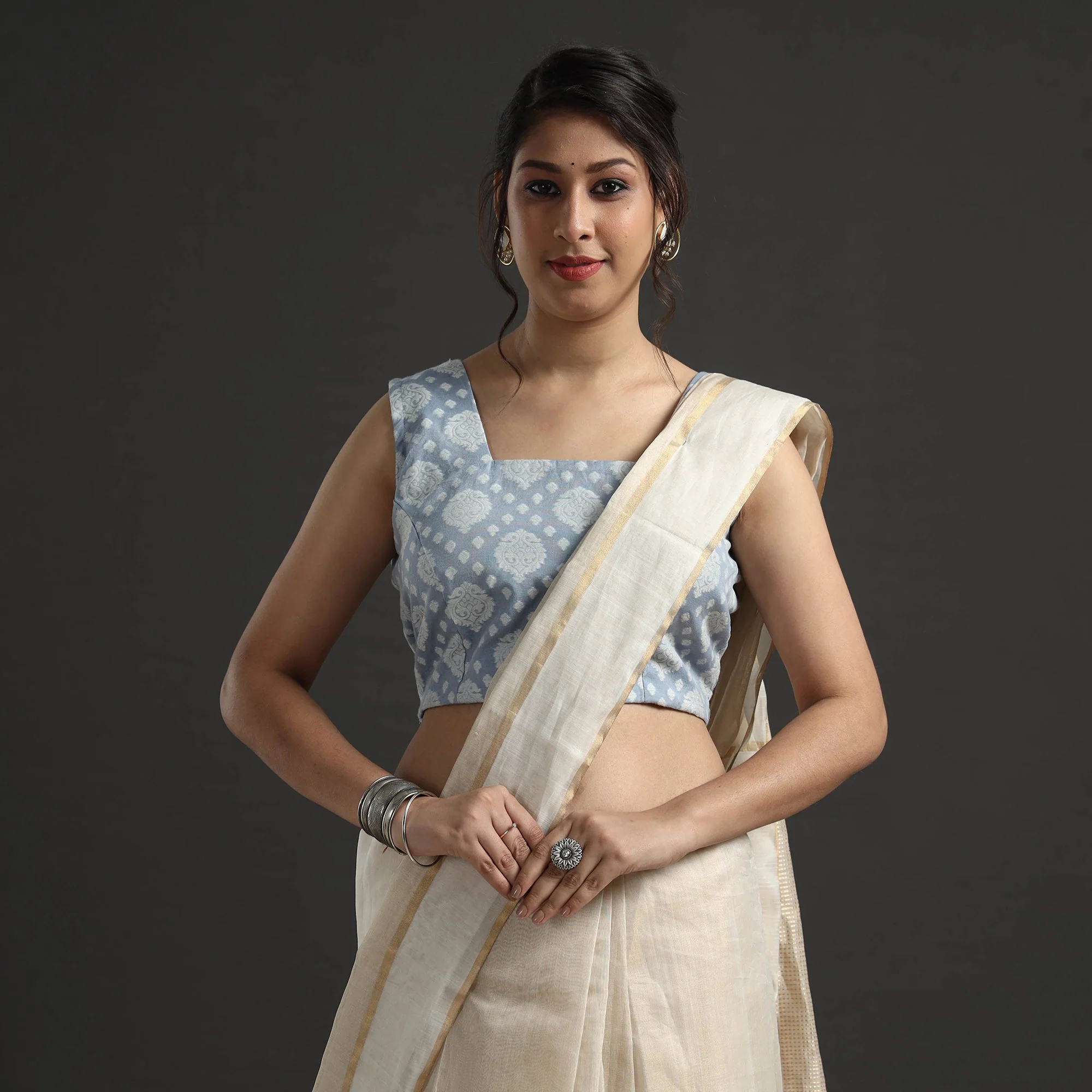 Cornflower Blue - Banarasi Silk Zari Weave Stitched Blouse