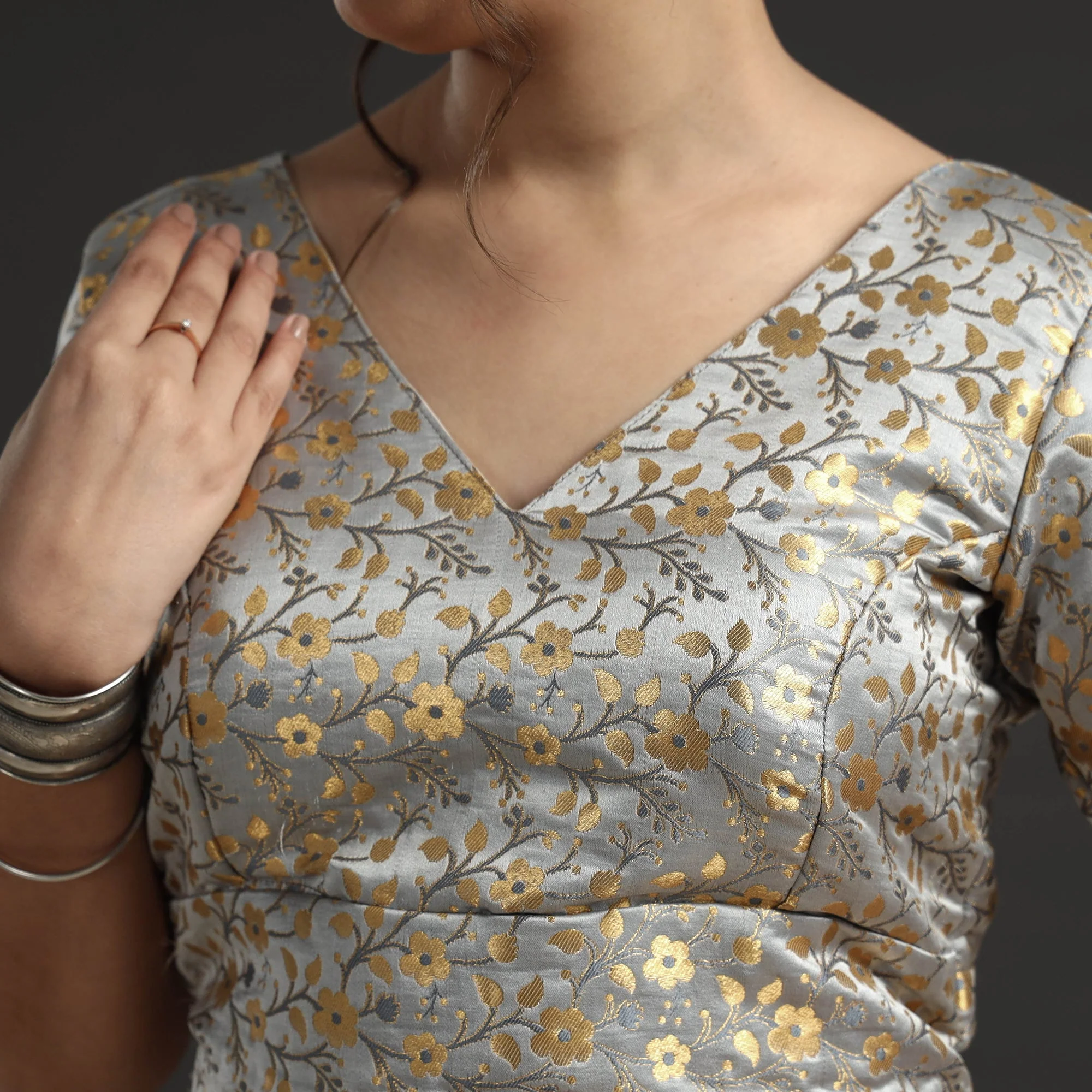 Grey - Banarasi Brocade Semi Kinkhab Weave Silk Stitched Blouse - Image 4
