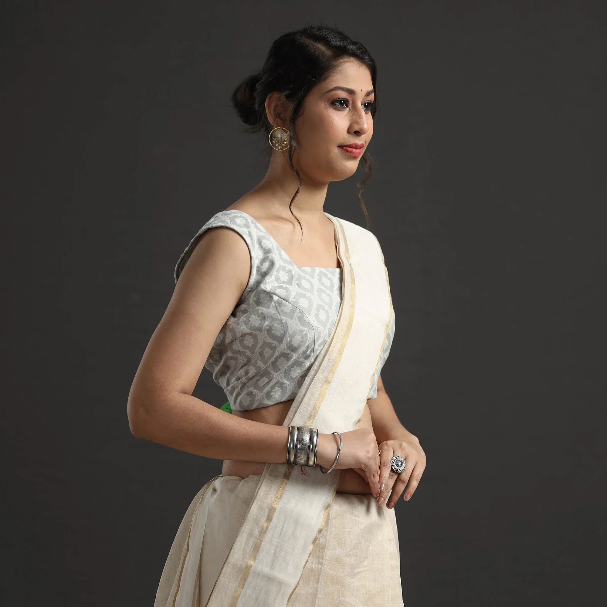 Light Grey - Banarasi Silk Zari Weave Stitched Blouse - Image 2