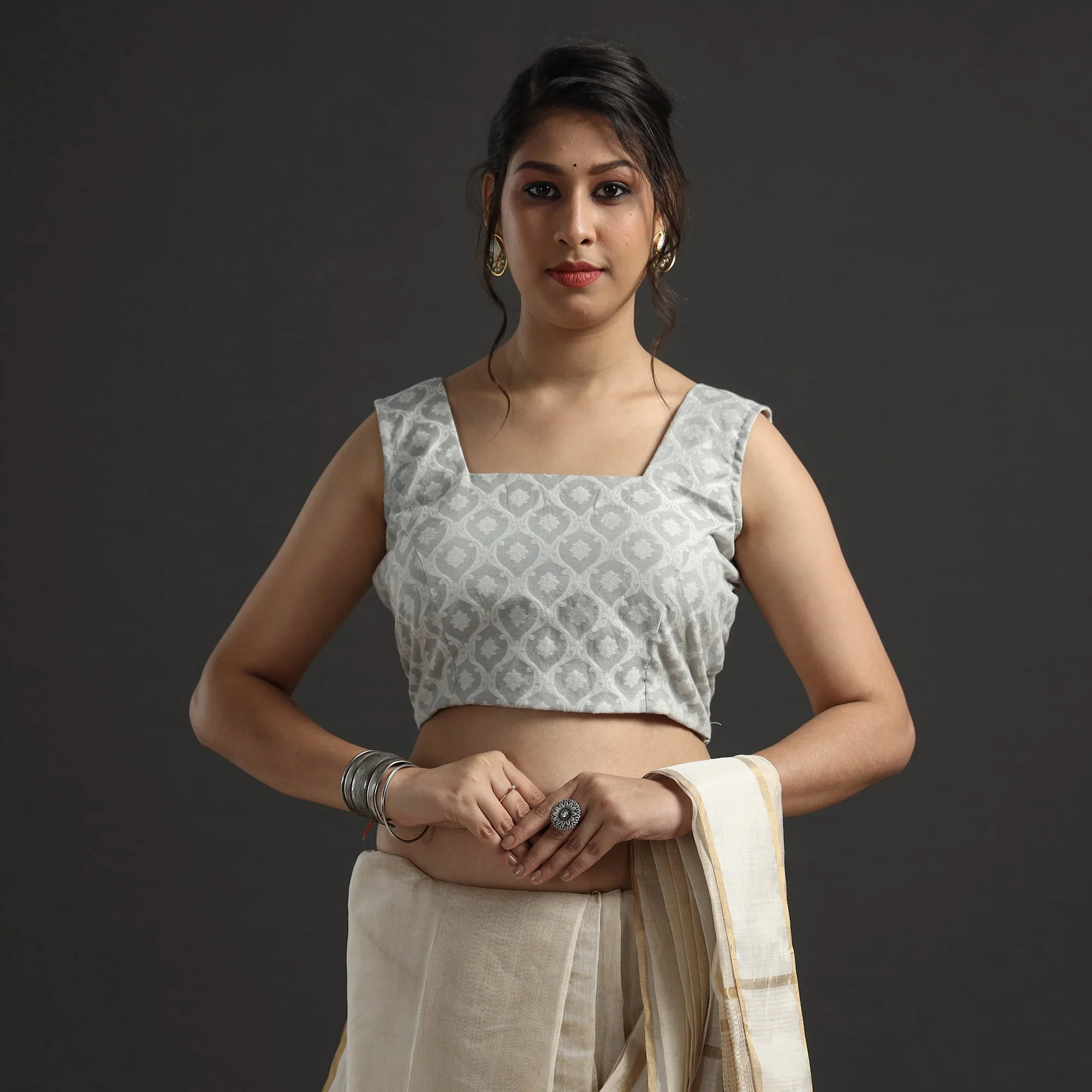 Light Grey - Banarasi Silk Zari Weave Stitched Blouse - Image 3