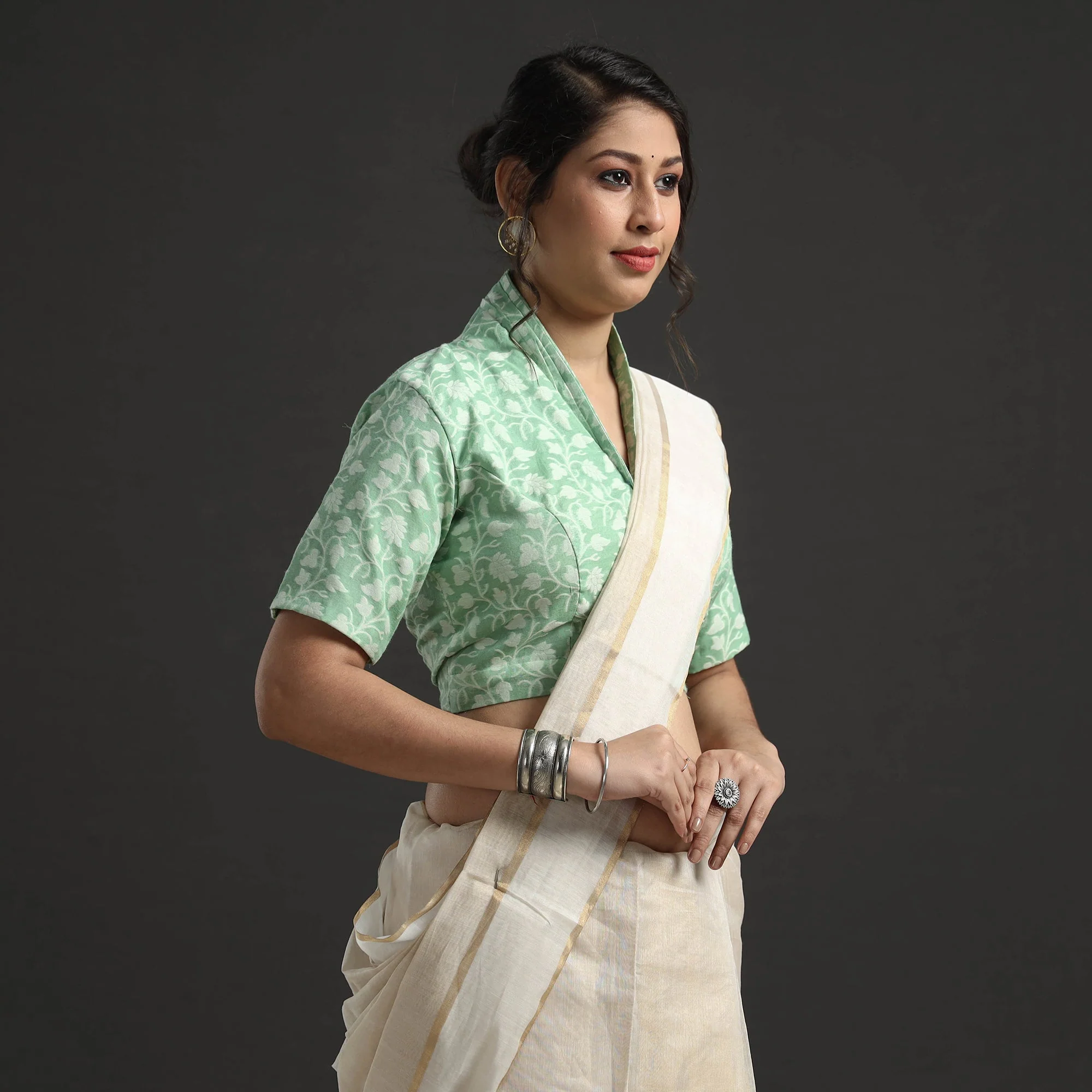 Green - Banarasi Silk Zari Weave Stitched Blouse - Image 2