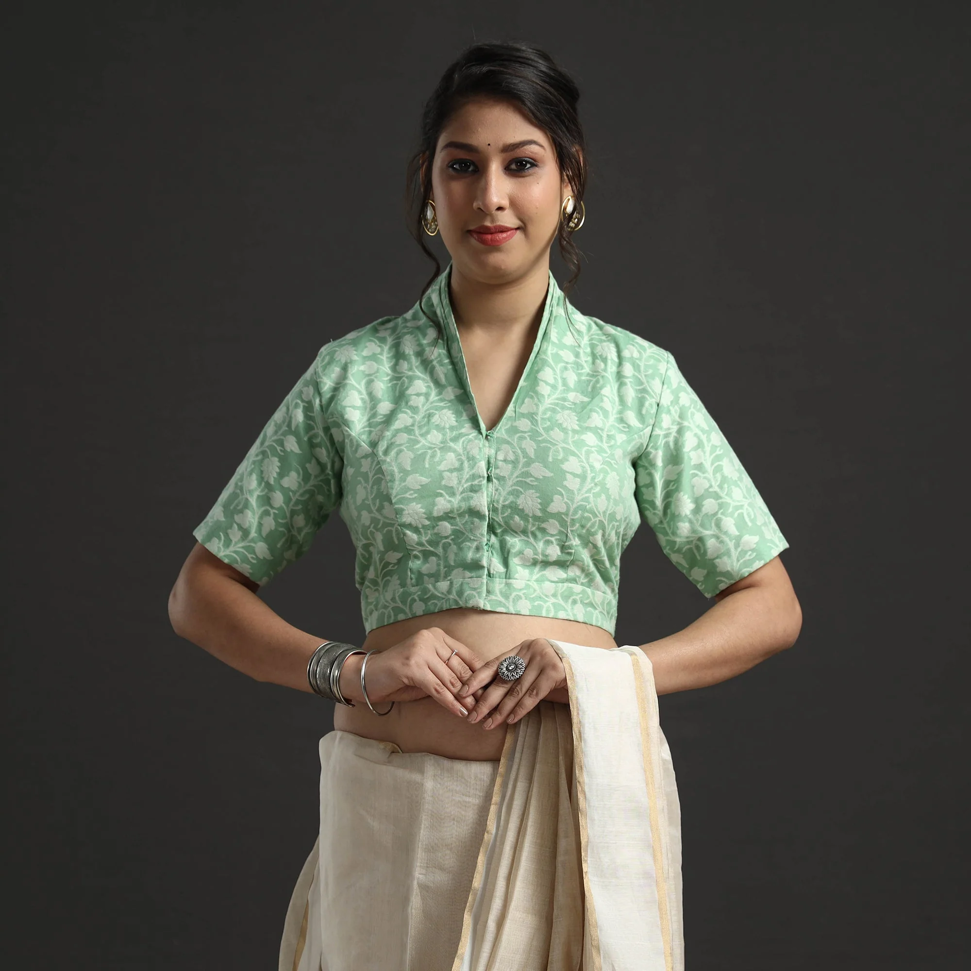 Green - Banarasi Silk Zari Weave Stitched Blouse - Image 3
