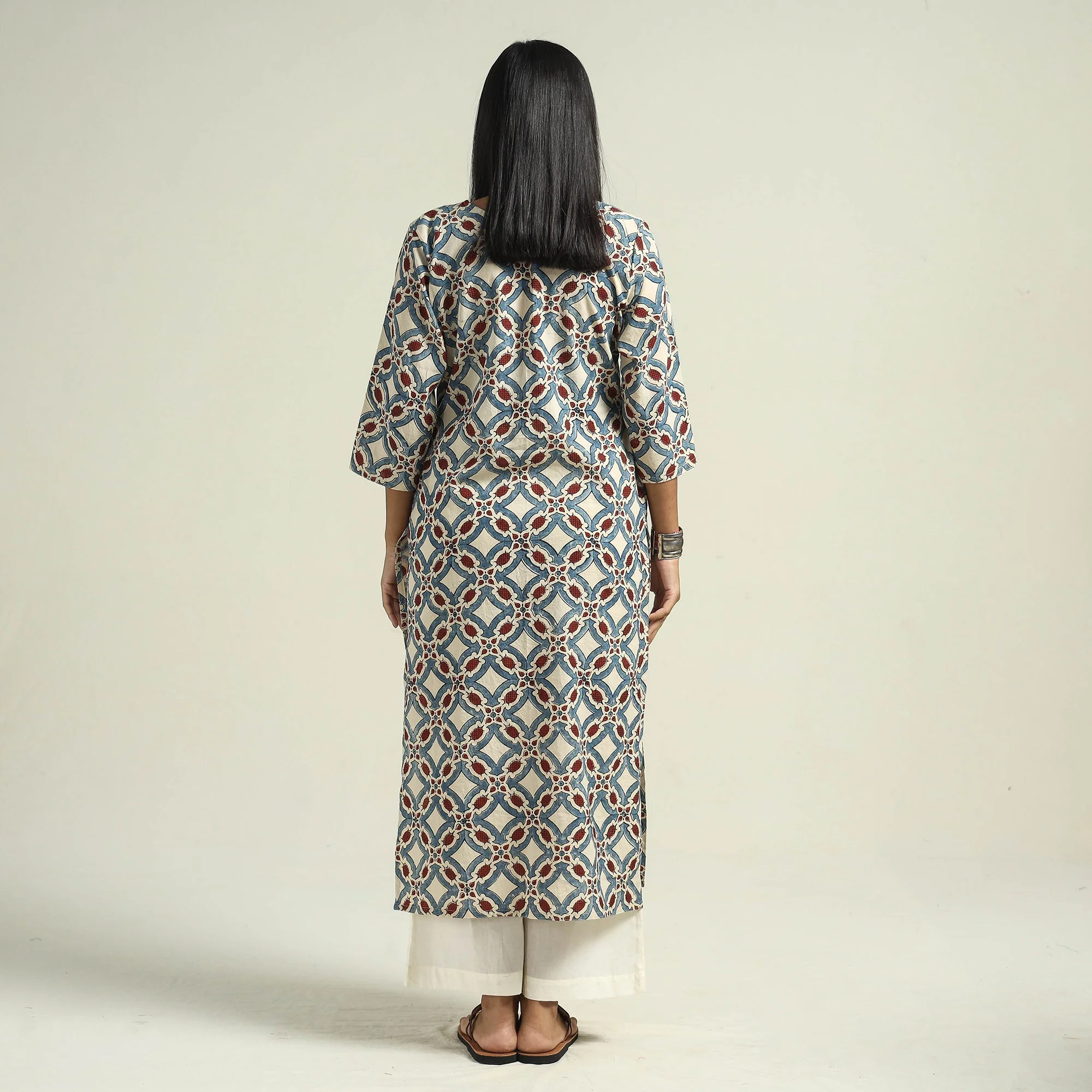 Beige - Cream with Geometric - Ajrakh Hand Block Printed Cotton Straight Kurta - Image 6