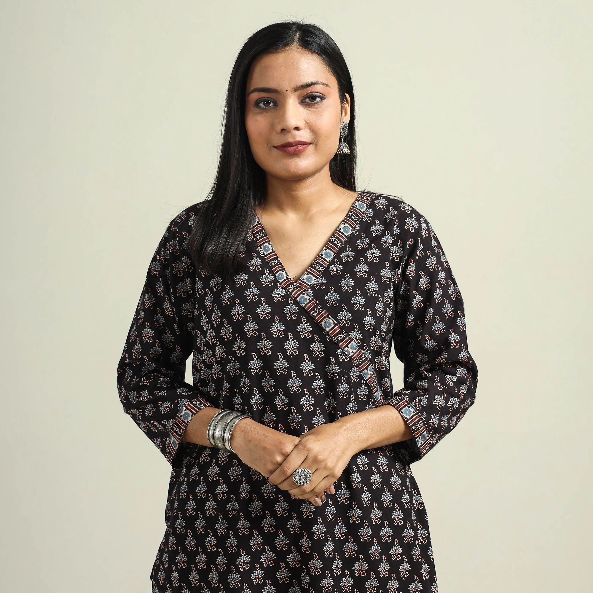 Black with Flower Ajrakh Hand Block Printed Cotton Kurta