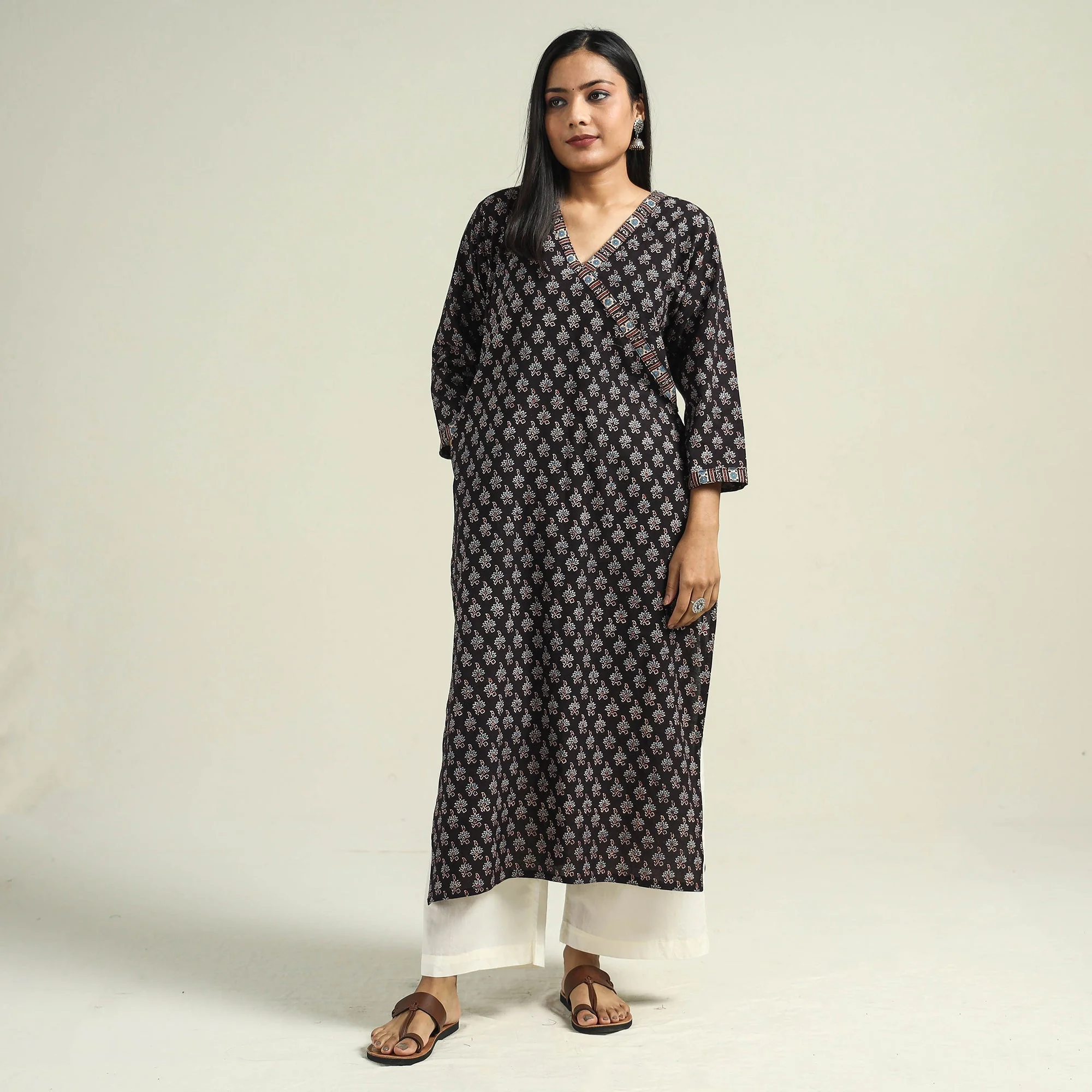 Black with Flower Ajrakh Hand Block Printed Cotton Kurta - Image 2