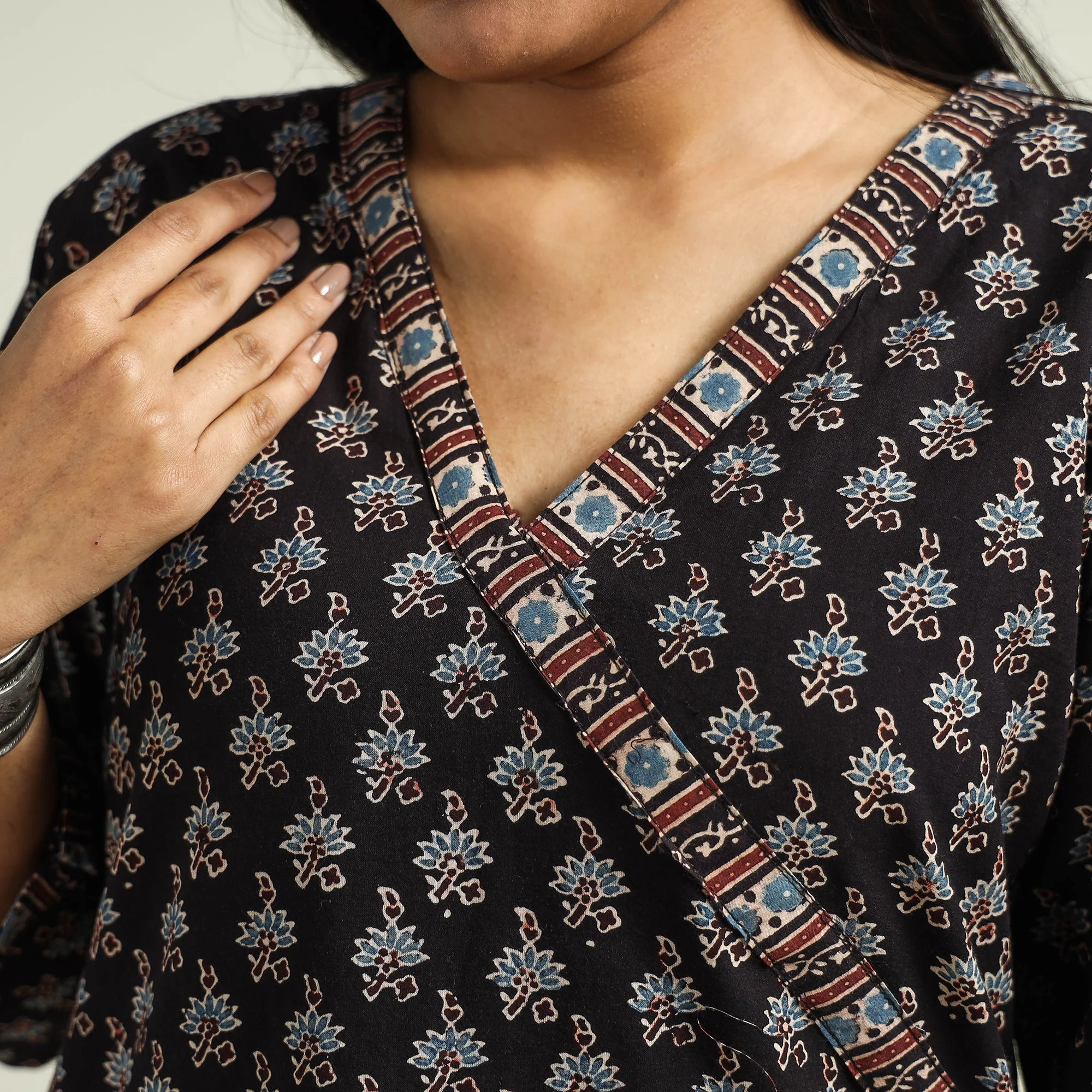 Black with Flower Ajrakh Hand Block Printed Cotton Kurta - Image 4