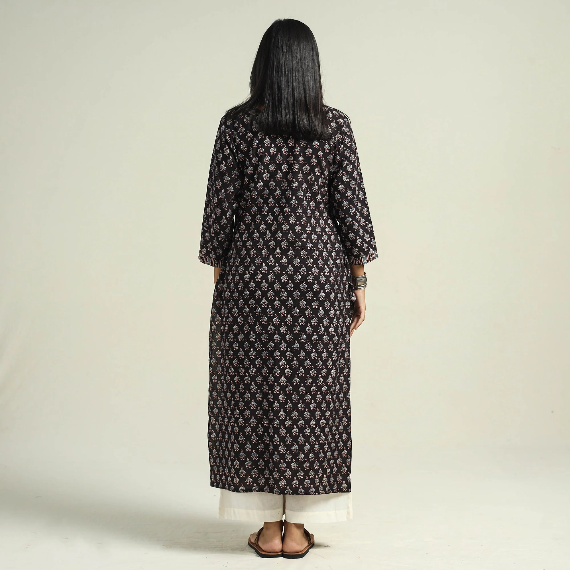 Black with Flower Ajrakh Hand Block Printed Cotton Kurta - Image 6