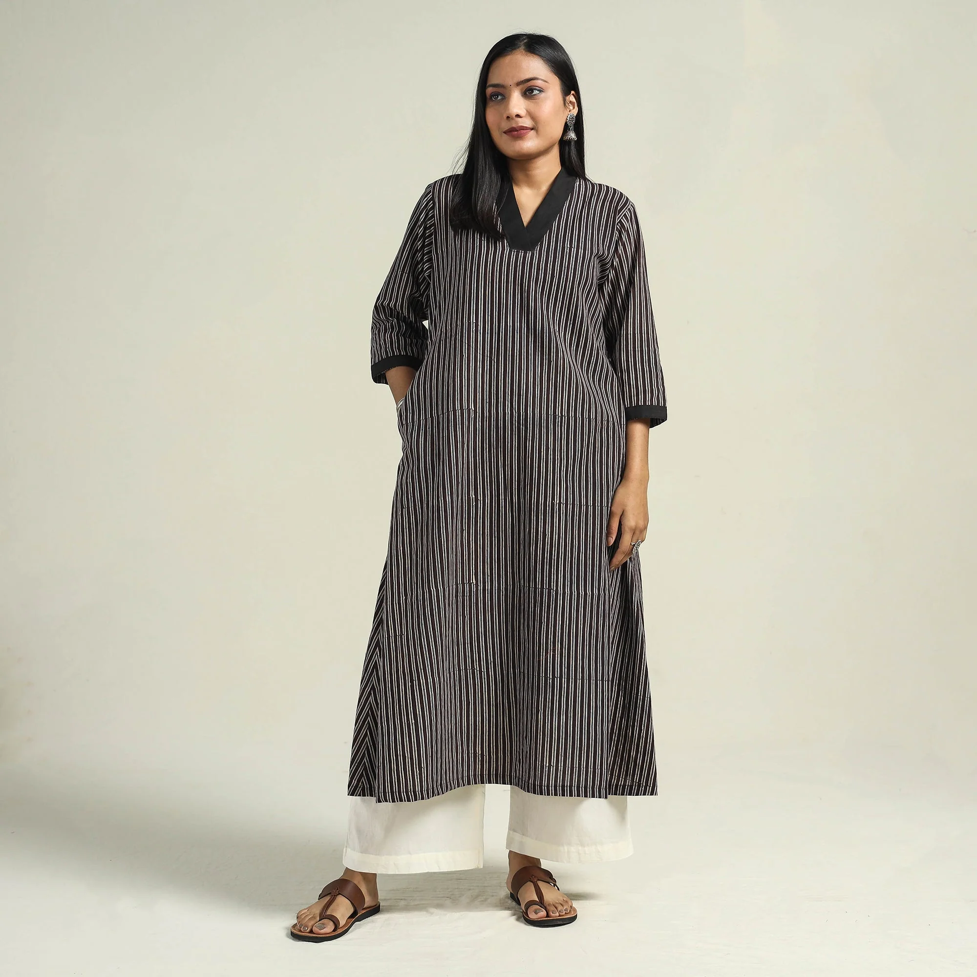 Black - with Stripes Ajrakh Hand Block Printed Cotton A-Line Kurta - Image 2