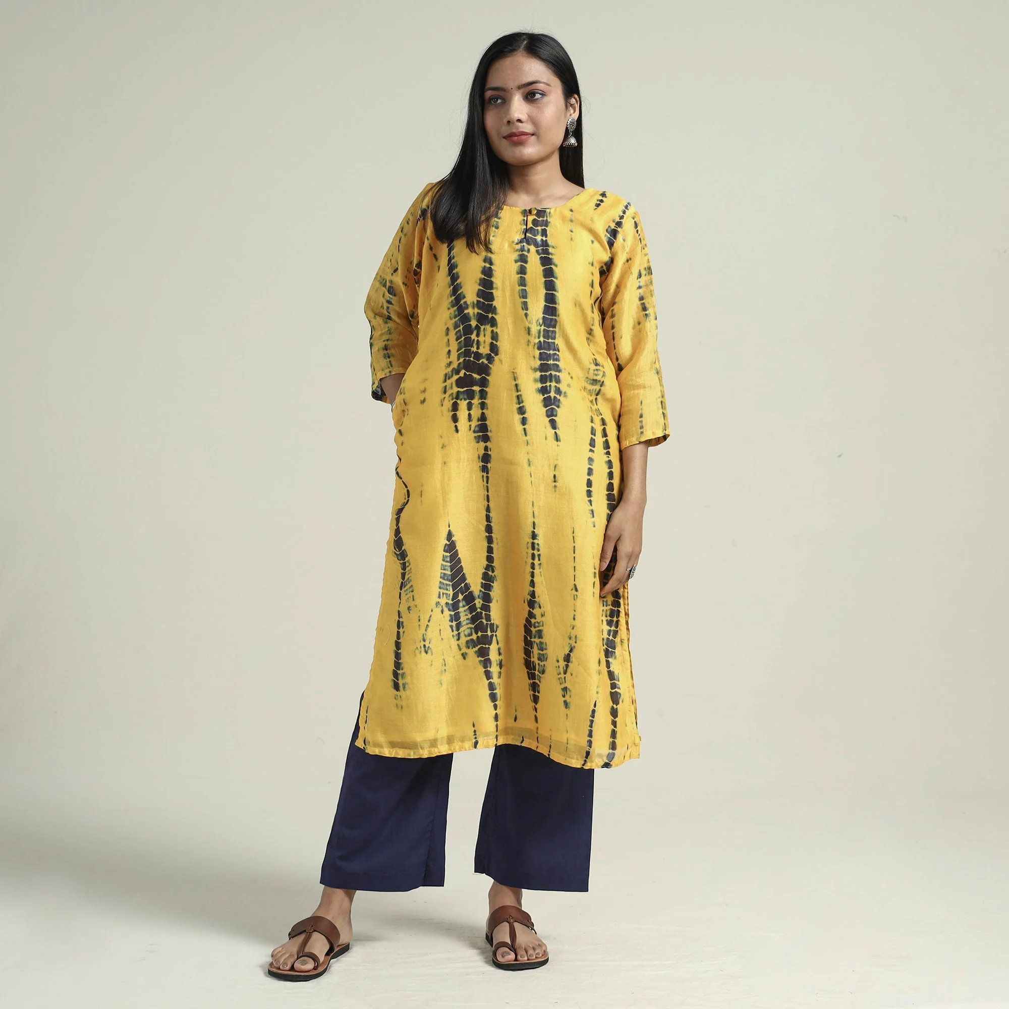 Yellow - Shibori Tye-Dye Chanderi Silk Kurta with Palazzo & Dupatta Set - Image 4